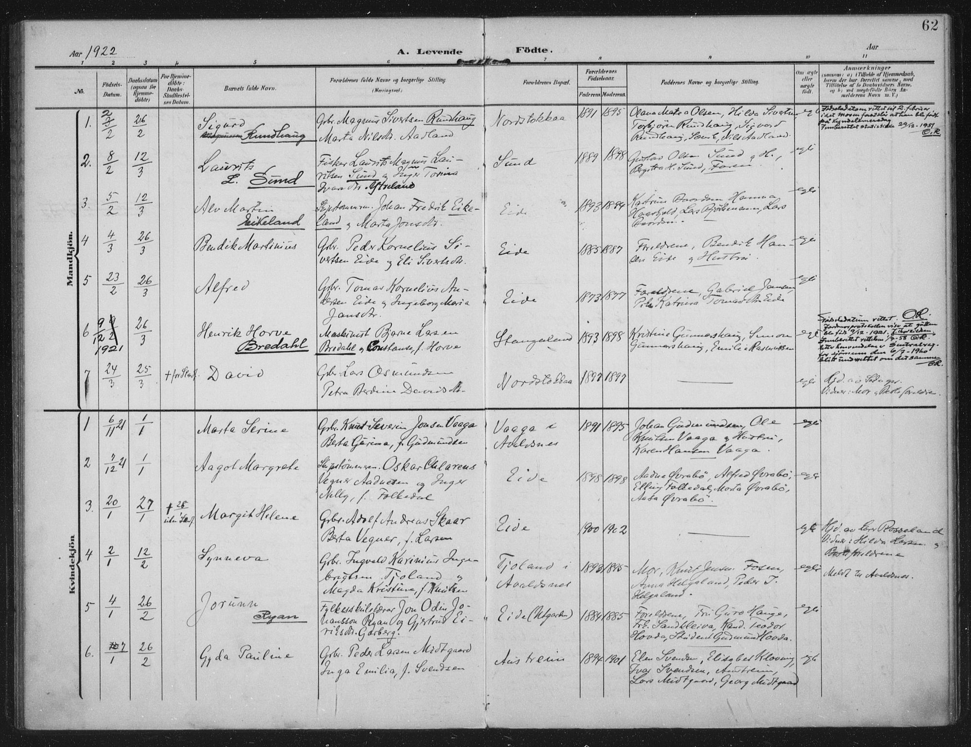 Kopervik sokneprestkontor, AV/SAST-A-101850/H/Ha/Haa/L0003: Parish register (official) no. A 3, 1906-1924, p. 62