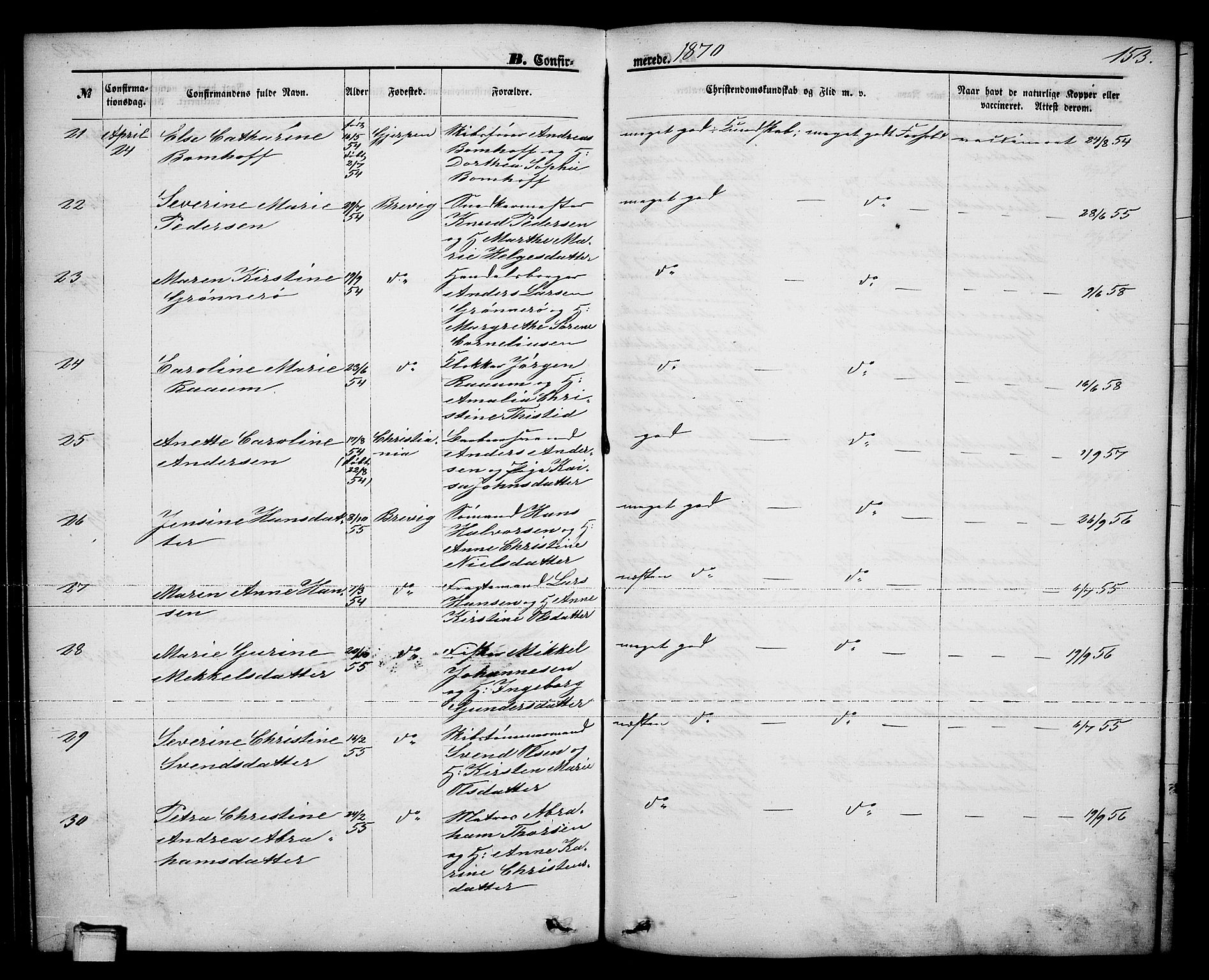Brevik kirkebøker, SAKO/A-255/G/Ga/L0003: Parish register (copy) no. 3, 1866-1881, p. 153