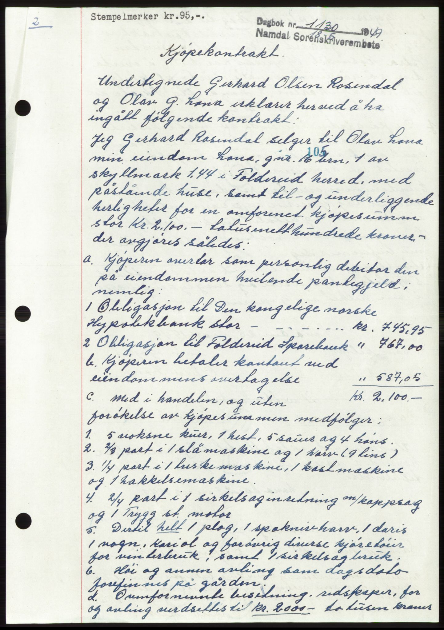 Namdal sorenskriveri, AV/SAT-A-4133/1/2/2C: Mortgage book no. -, 1949-1949, Diary no: : 1130/1949