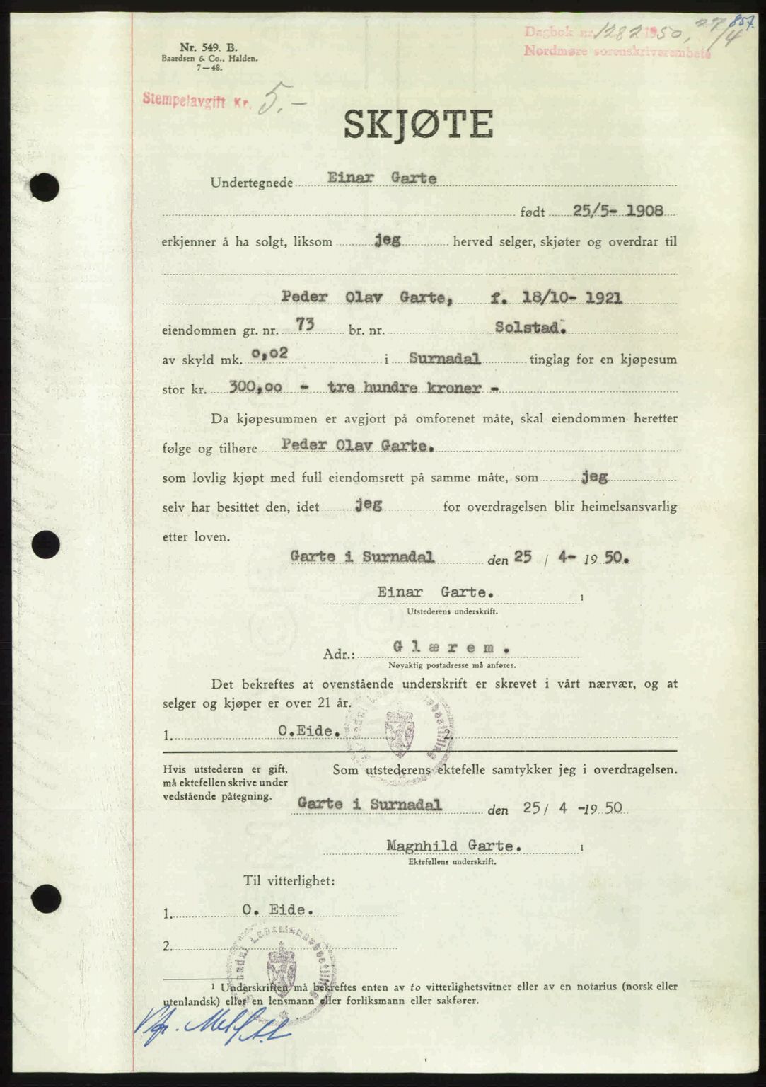 Nordmøre sorenskriveri, AV/SAT-A-4132/1/2/2Ca: Mortgage book no. A114, 1950-1950, Diary no: : 1282/1950