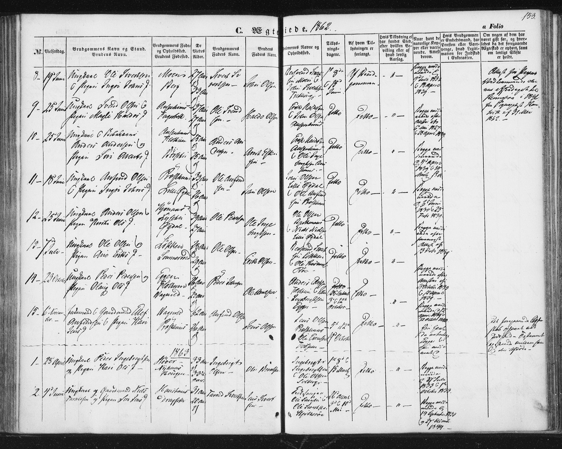 Ministerialprotokoller, klokkerbøker og fødselsregistre - Sør-Trøndelag, SAT/A-1456/689/L1038: Parish register (official) no. 689A03, 1848-1872, p. 153