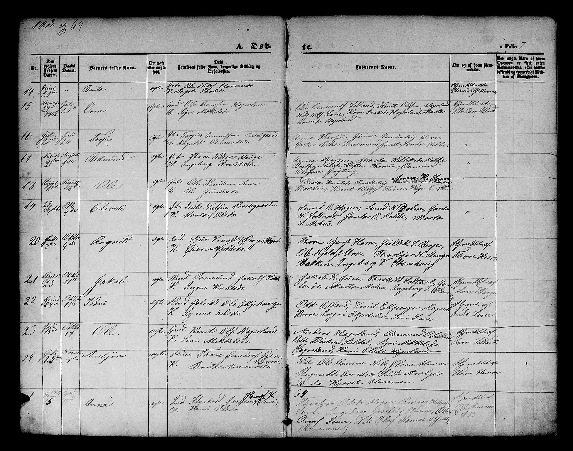 Røldal sokneprestembete, AV/SAB-A-100247: Parish register (copy) no. A 2, 1861-1886, p. 7