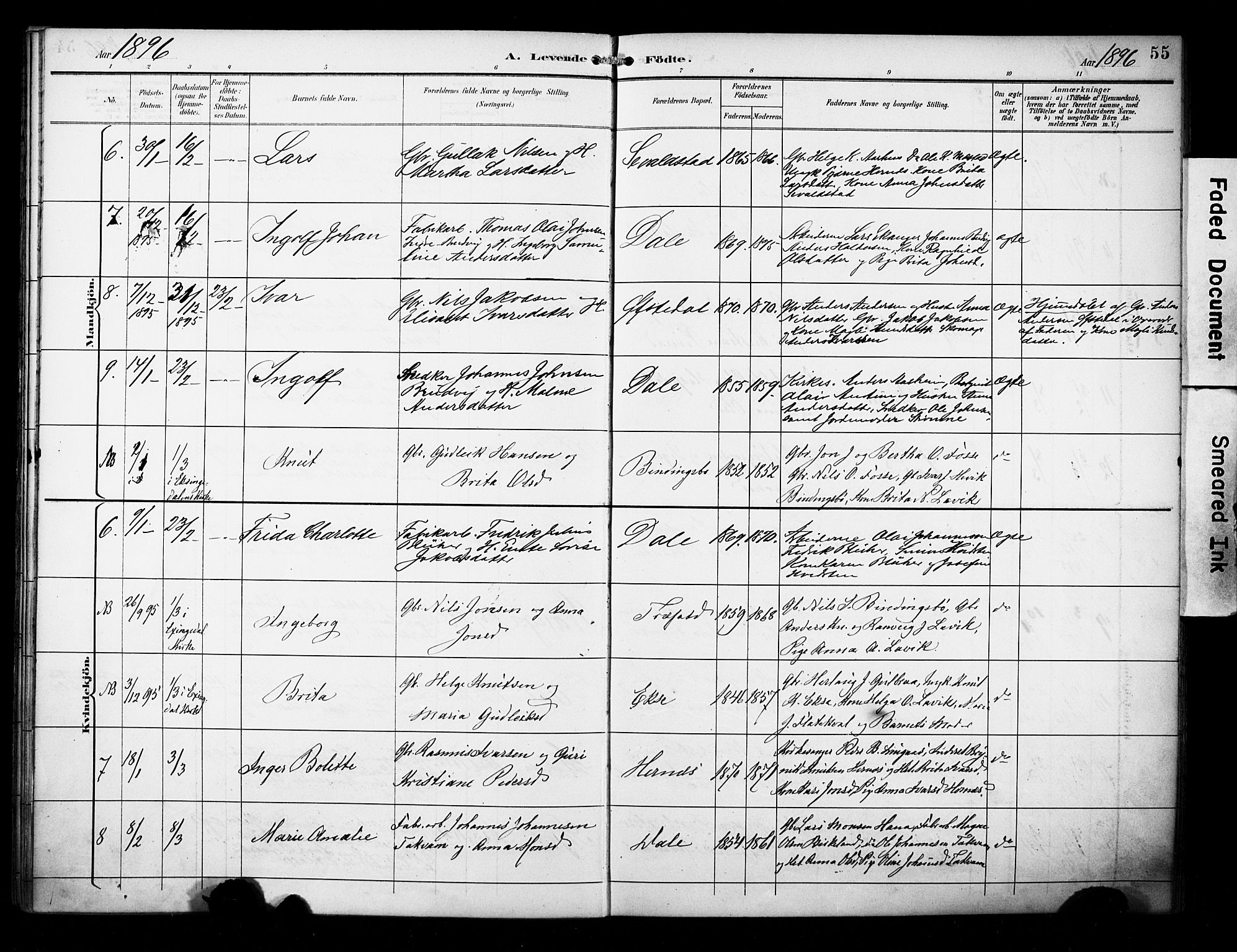 Evanger sokneprestembete, SAB/A-99924: Parish register (official) no. A 2, 1892-1899, p. 55