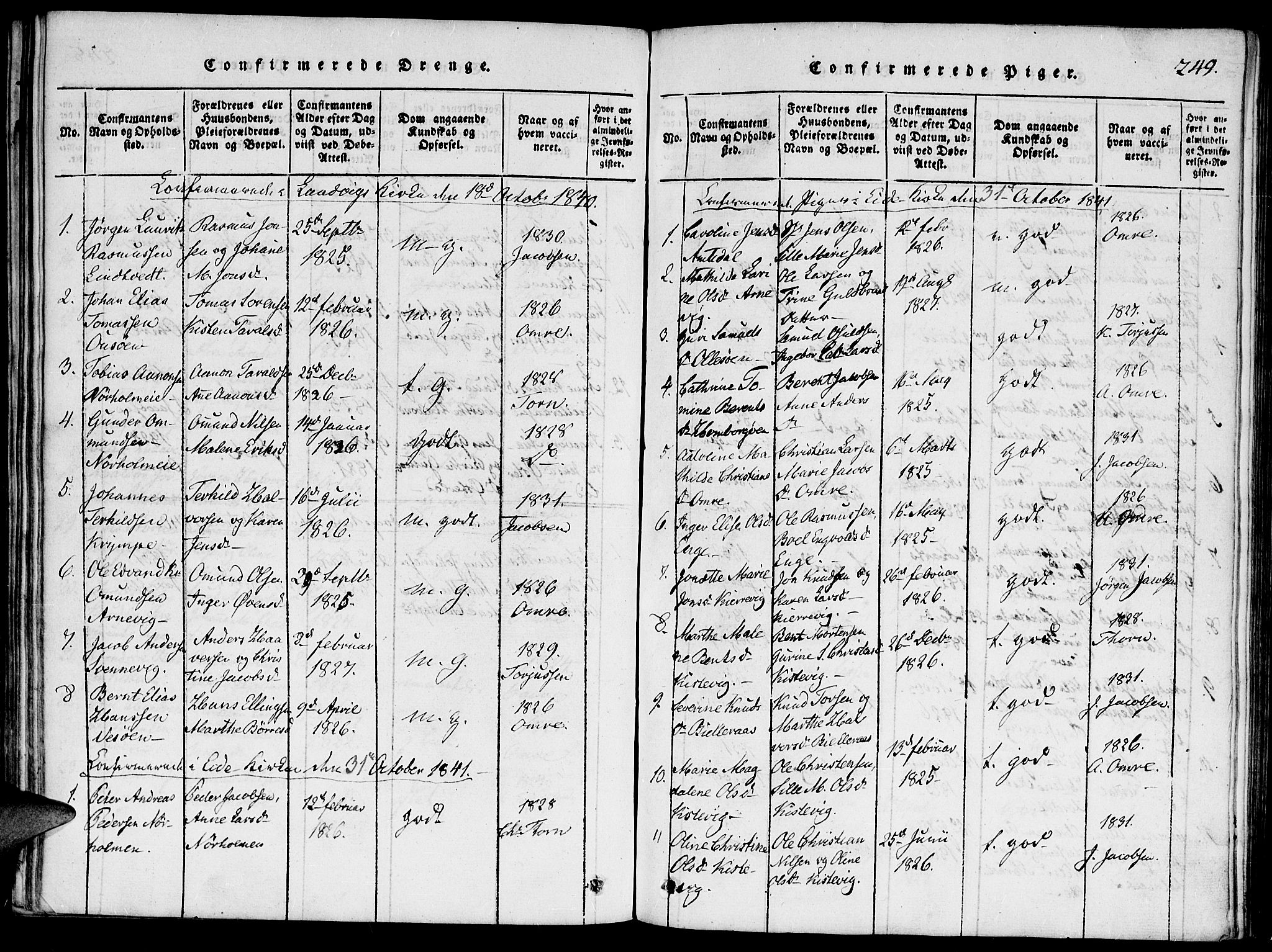 Hommedal sokneprestkontor, AV/SAK-1111-0023/F/Fa/Faa/L0001: Parish register (official) no. A 1, 1816-1860, p. 249