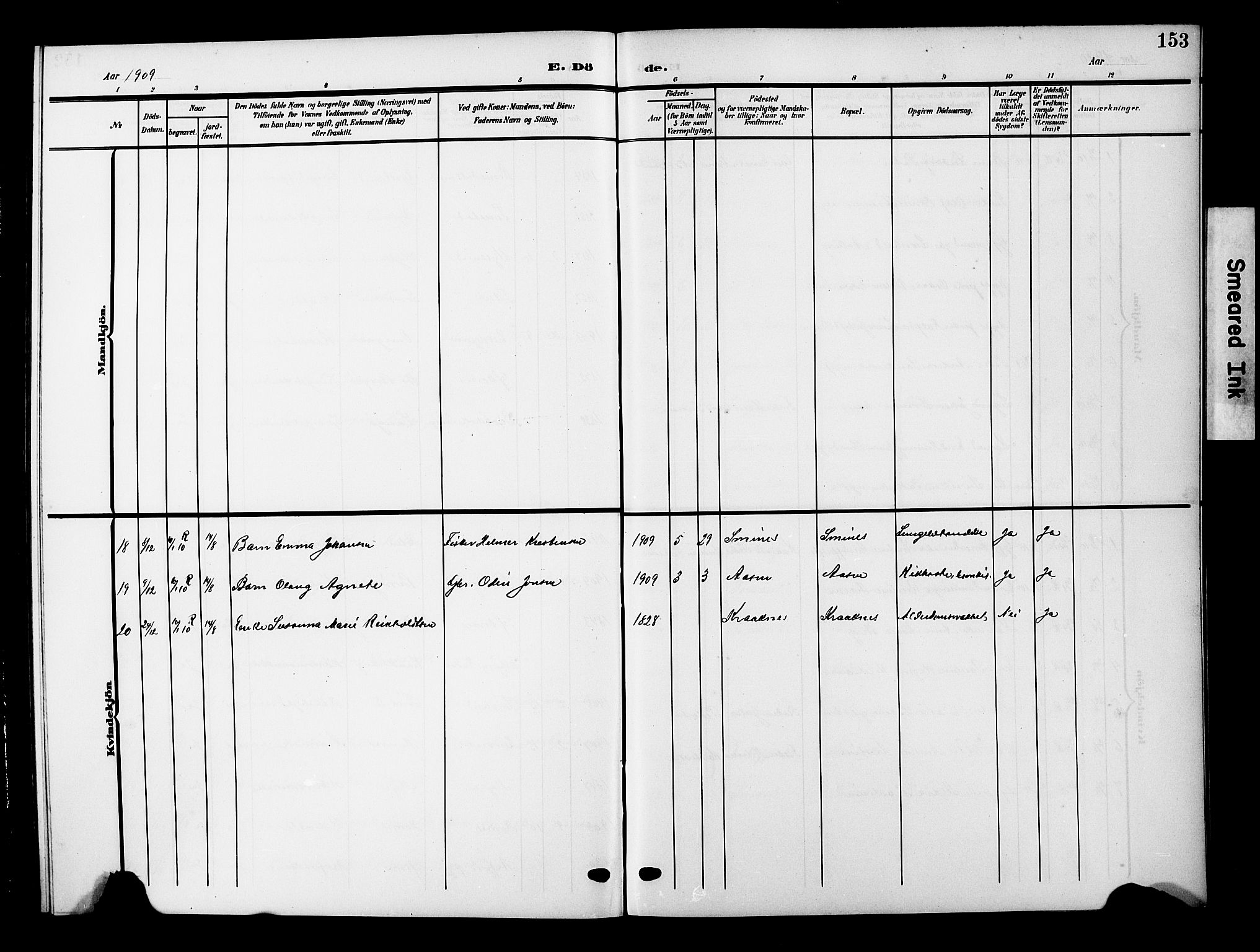 Ministerialprotokoller, klokkerbøker og fødselsregistre - Nordland, SAT/A-1459/893/L1350: Parish register (copy) no. 893C05, 1906-1927, p. 153
