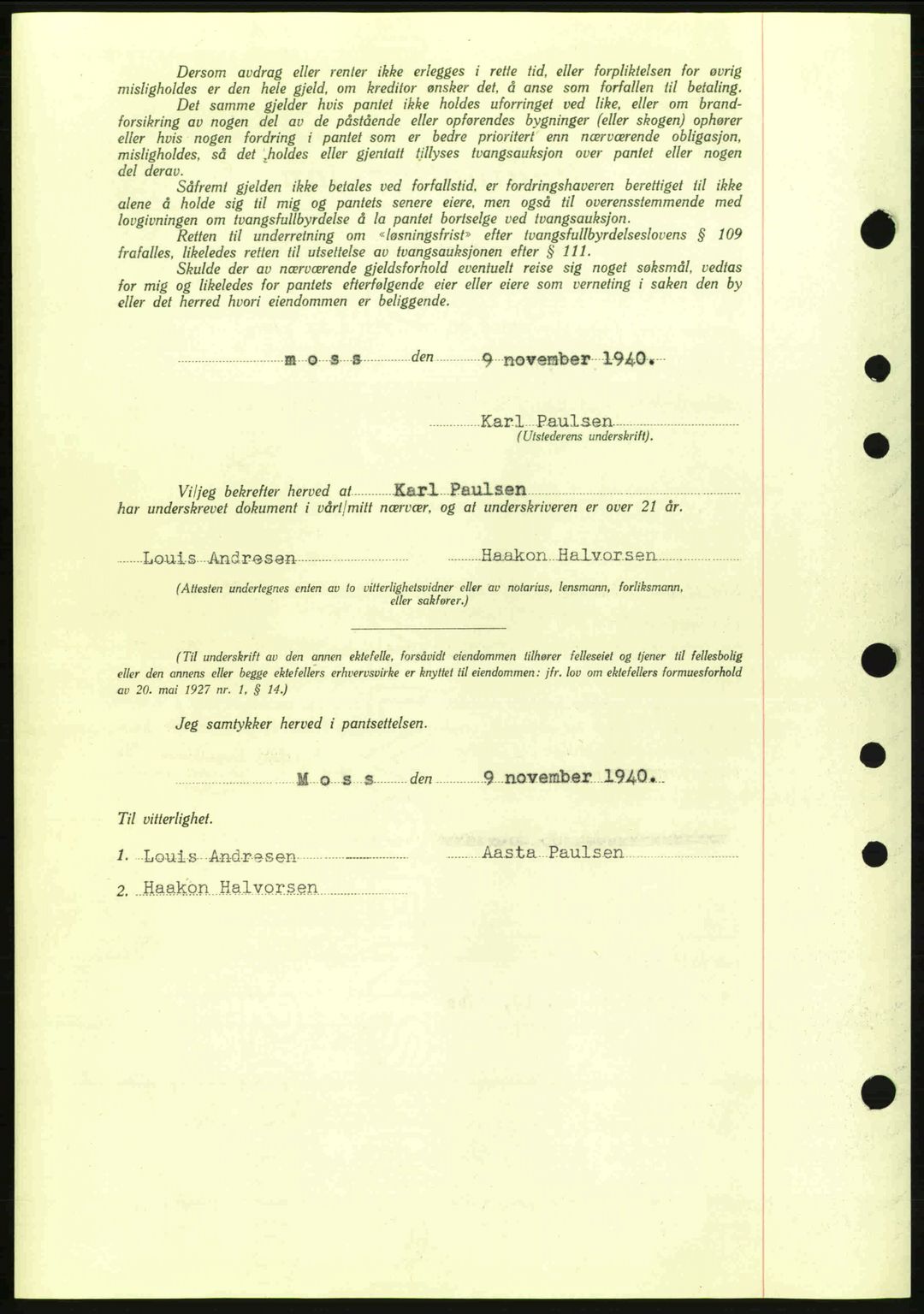Moss sorenskriveri, SAO/A-10168: Mortgage book no. B10, 1940-1941, Diary no: : 1582/1940