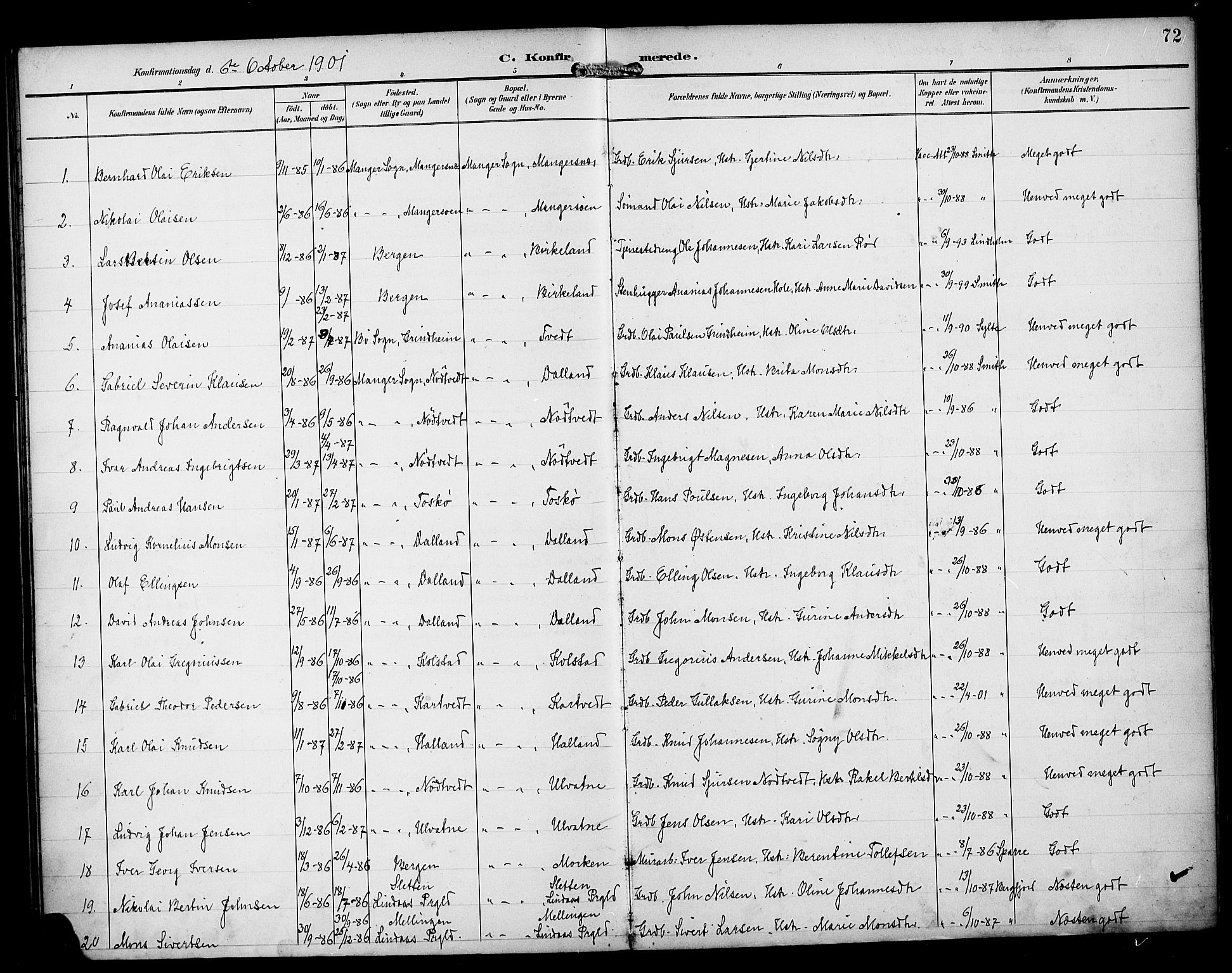 Manger sokneprestembete, SAB/A-76801/H/Haa: Parish register (official) no. B 2, 1893-1906, p. 72
