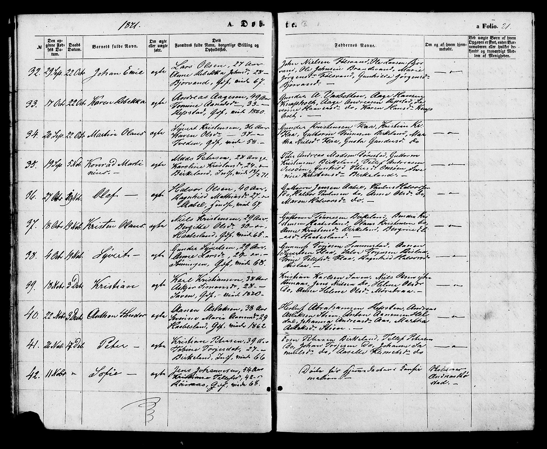 Birkenes sokneprestkontor, AV/SAK-1111-0004/F/Fa/L0004: Parish register (official) no. A 4, 1867-1886, p. 21