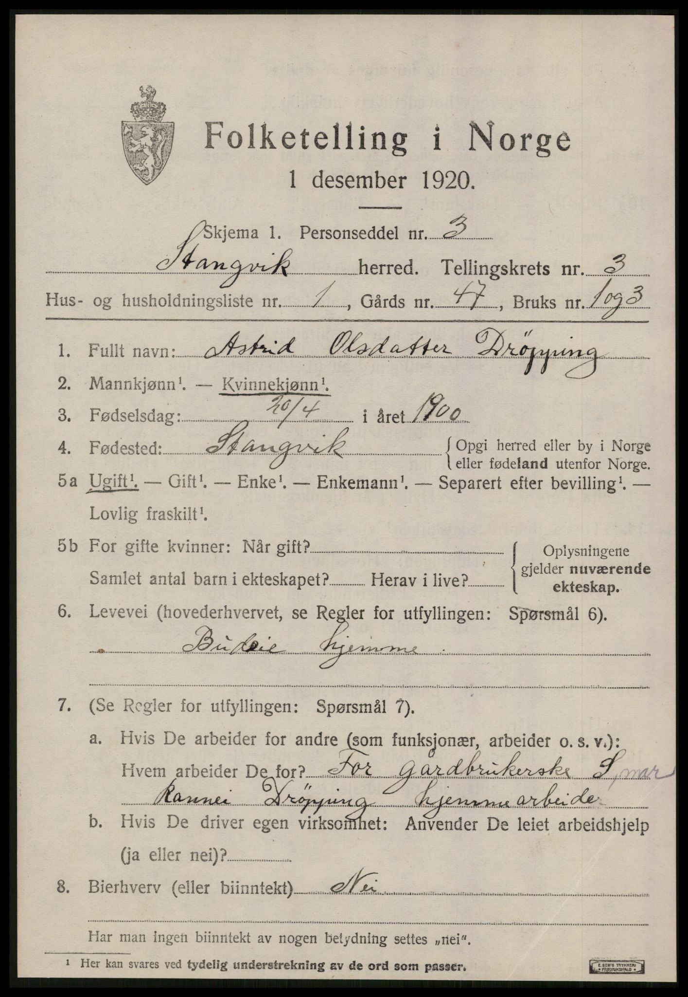 SAT, 1920 census for Stangvik, 1920, p. 2000