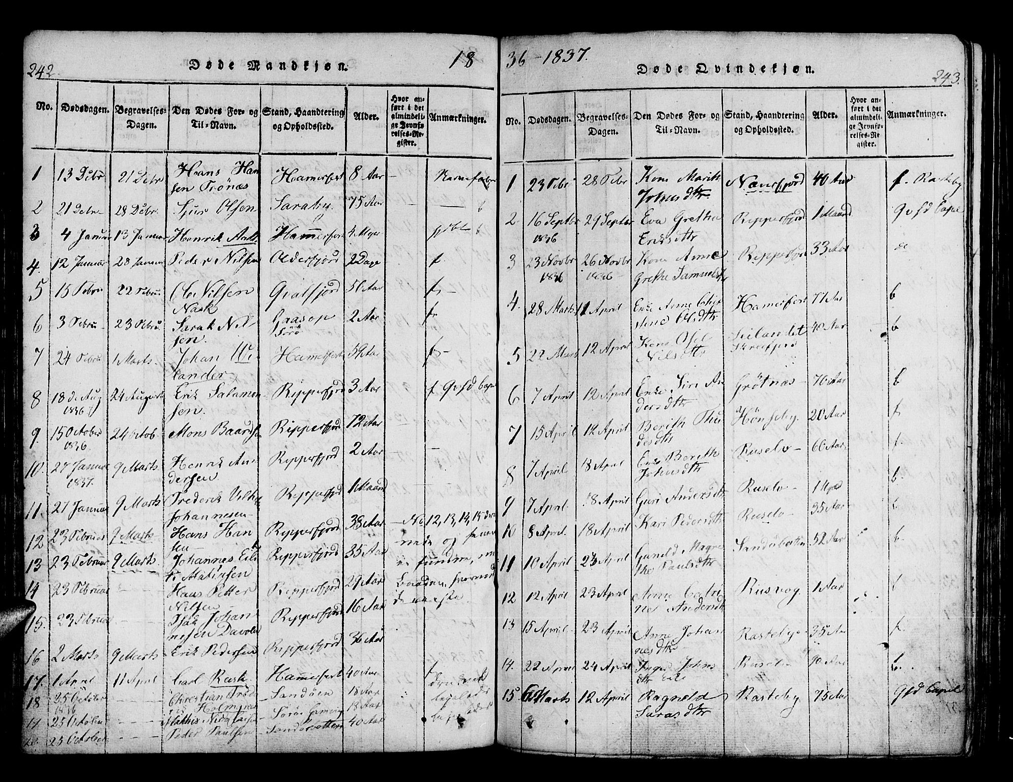Hammerfest sokneprestkontor, SATØ/S-1347/H/Ha/L0003.kirke: Parish register (official) no. 3, 1821-1842, p. 242-243