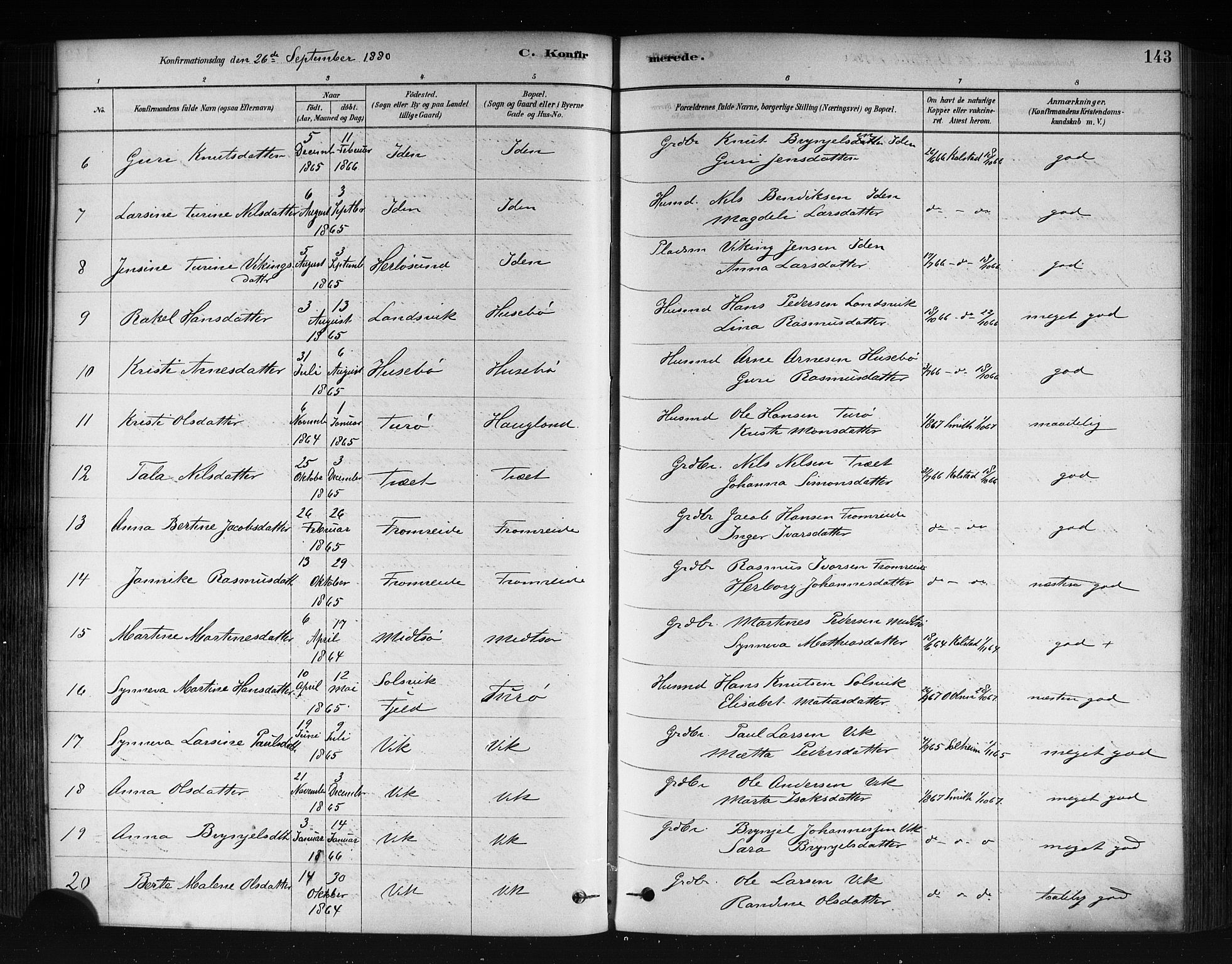 Herdla Sokneprestembete, AV/SAB-A-75701/H/Haa: Parish register (official) no. A 3, 1878-1890, p. 143