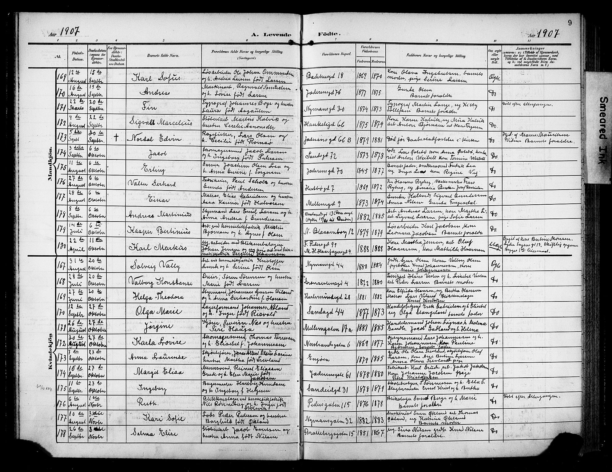 St. Johannes sokneprestkontor, SAST/A-101814/001/30/30BB/L0006: Parish register (copy) no. B 6, 1907-1917, p. 9