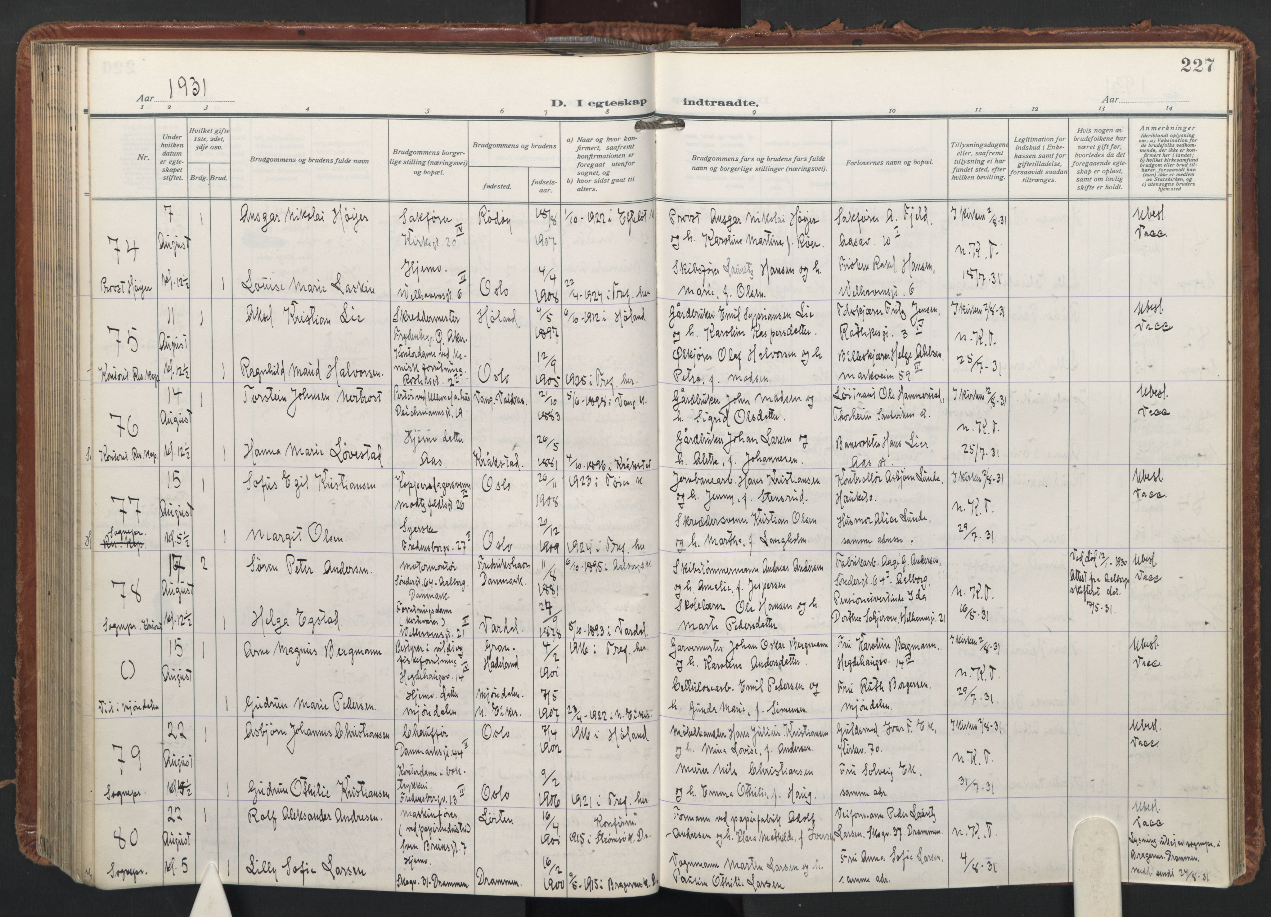 Trefoldighet prestekontor Kirkebøker, AV/SAO-A-10882/F/Fc/L0009: Parish register (official) no. III 9, 1922-1936, p. 227