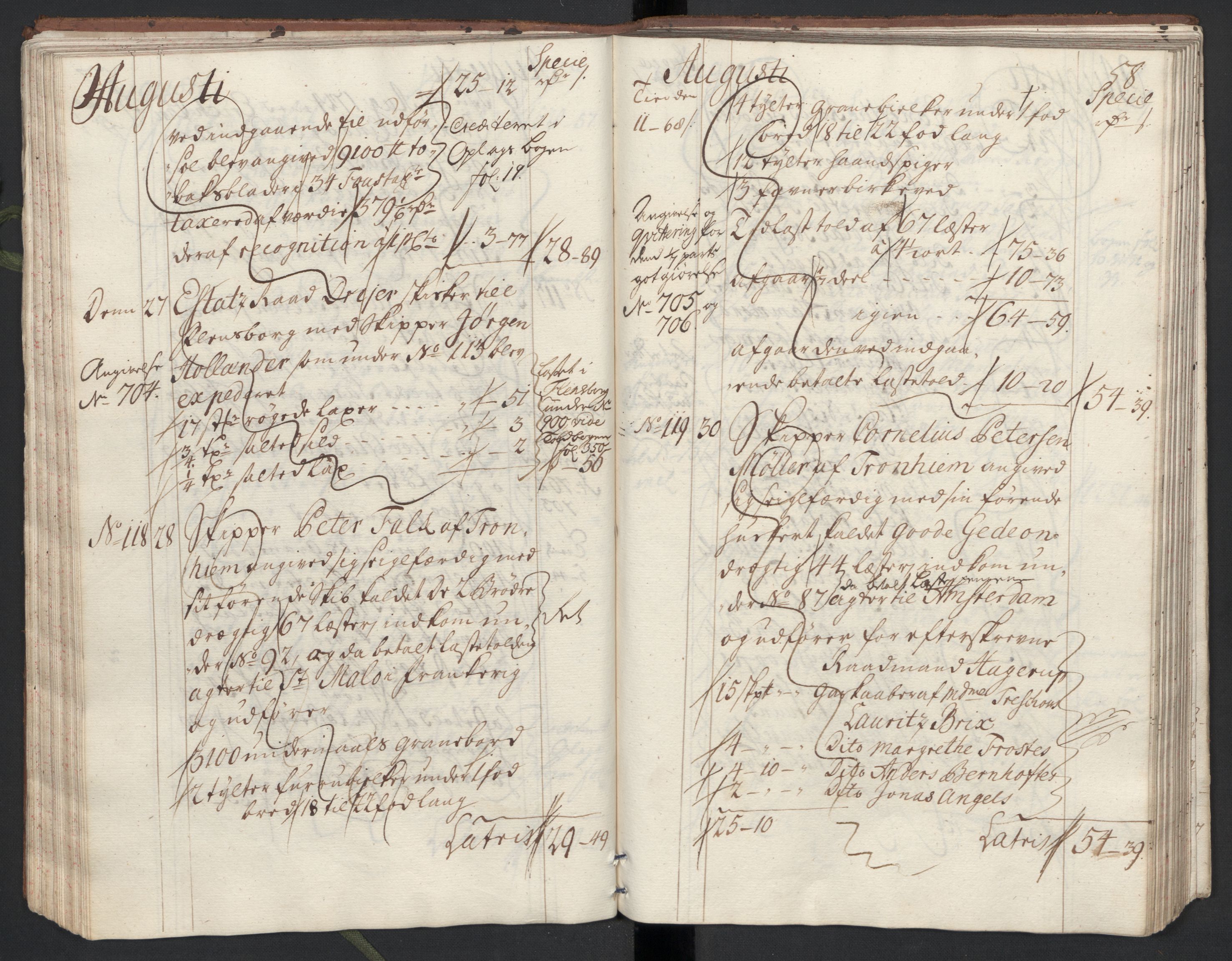Generaltollkammeret, tollregnskaper, RA/EA-5490/R33/L0013/0002: Tollregnskaper Trondheim A / Utgående tollbok, 1731, p. 57b-58a