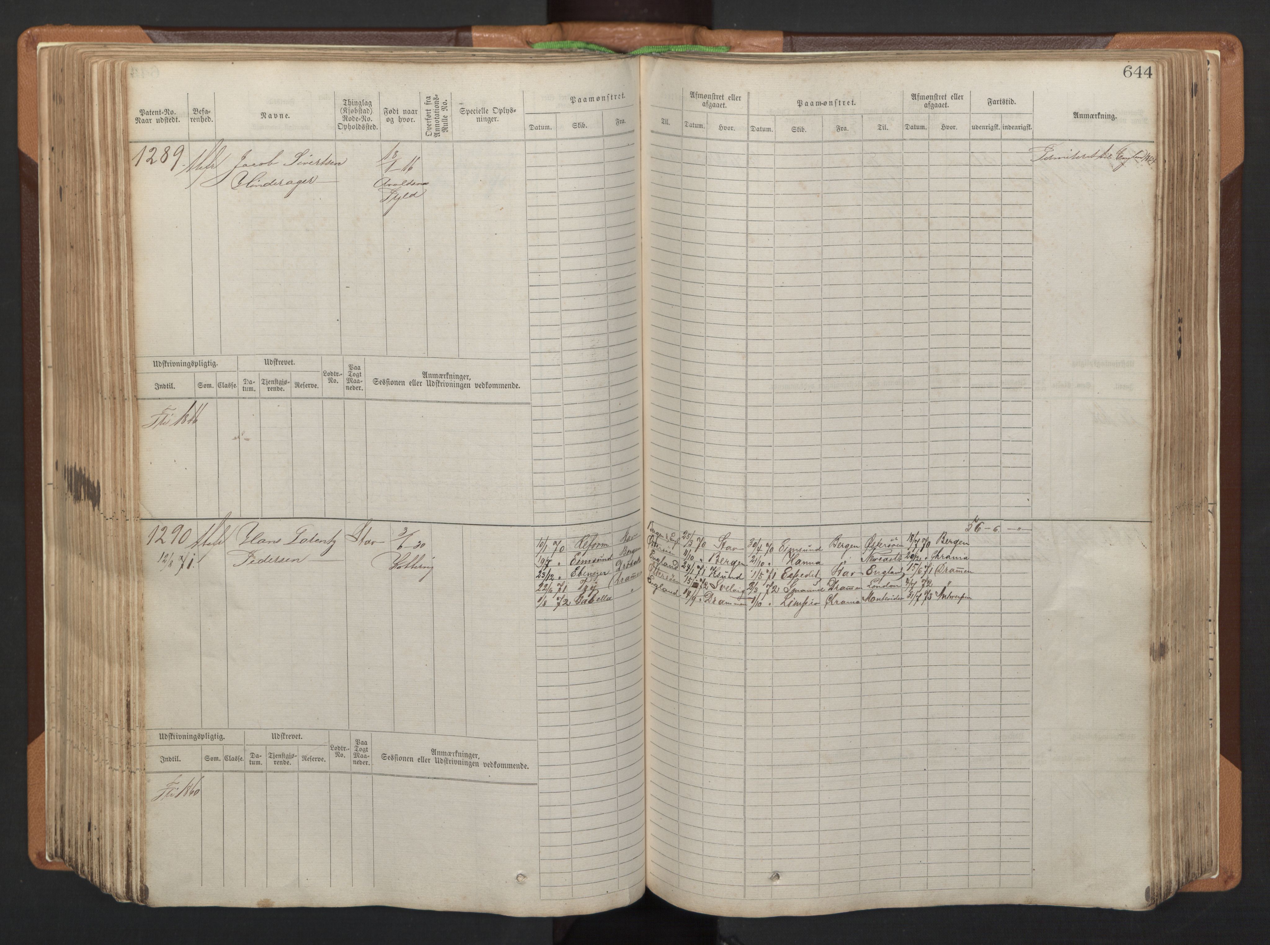 Stavanger sjømannskontor, AV/SAST-A-102006/F/Fb/Fbb/L0005: Sjøfartshovedrulle, patentnr. 793-1606 (del 2), 1869-1880, p. 254