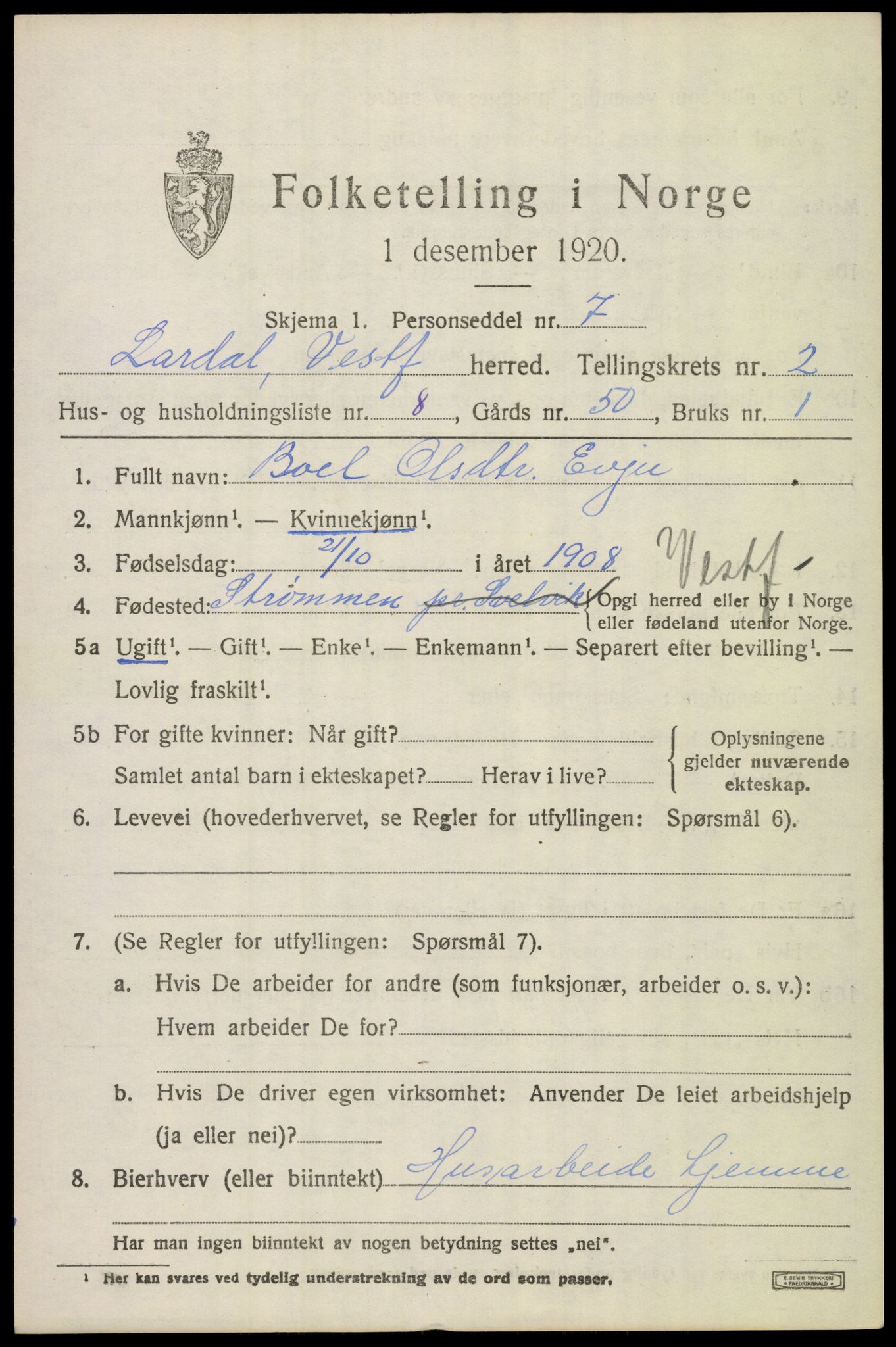 SAKO, 1920 census for Lardal, 1920, p. 2047