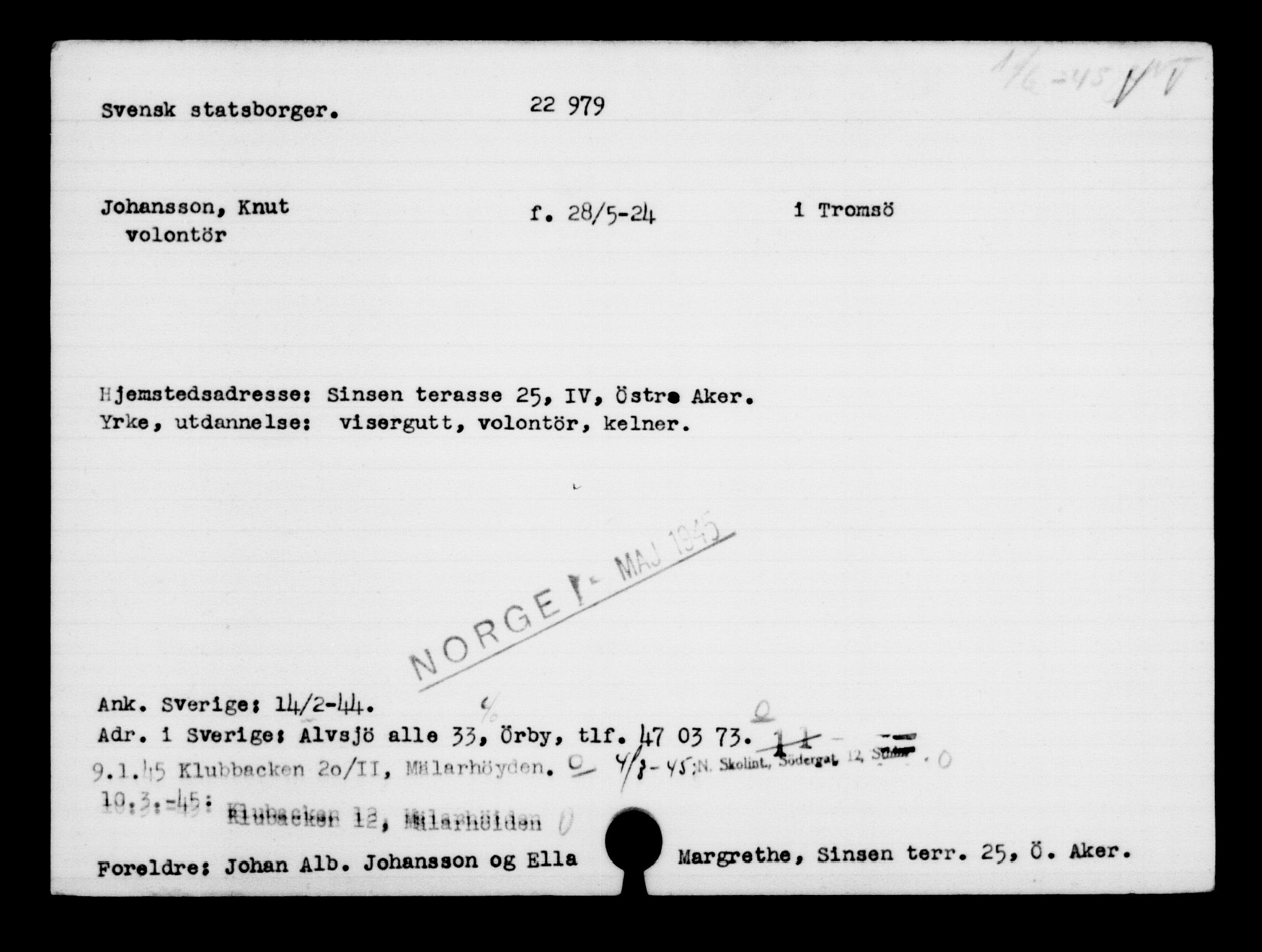 Utenriksstasjonene, Legasjonen i Stockholm, Flyktningkontoret, AV/RA-S-6753/V/Va/L0010: Kjesäterkartoteket, flyktninger med registreringsnr. 22000-25314, 1940-1945, p. 1058