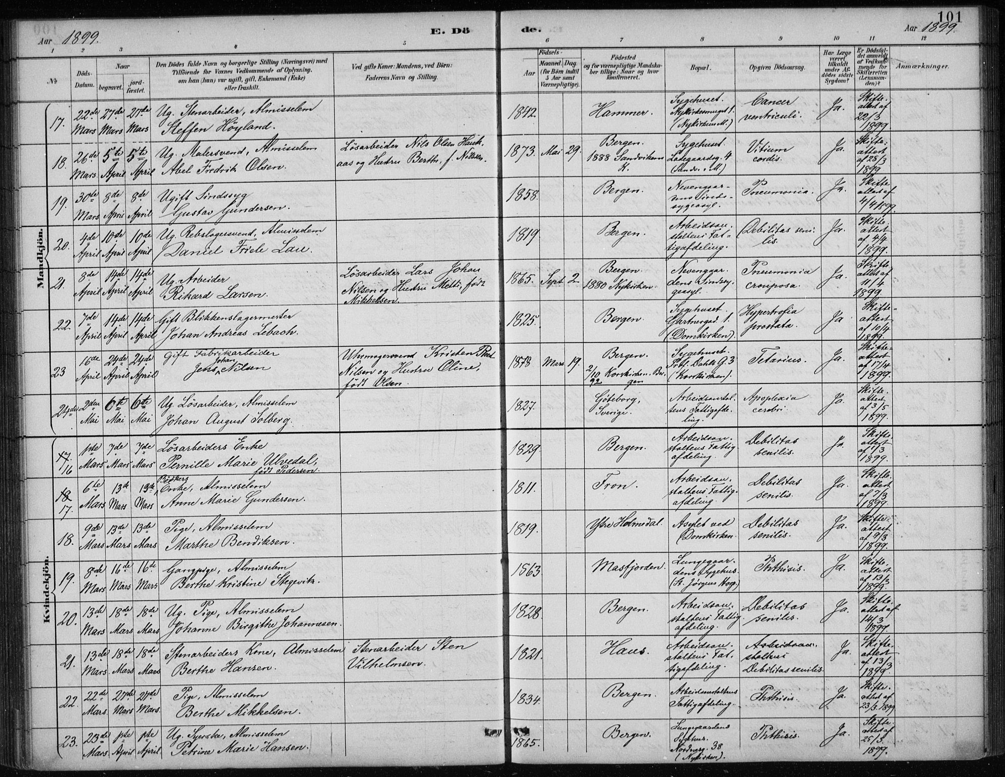 Bergen kommunale pleiehjem - stiftelsespresten, AV/SAB-A-100281: Parish register (official) no. A 5, 1887-1908, p. 101