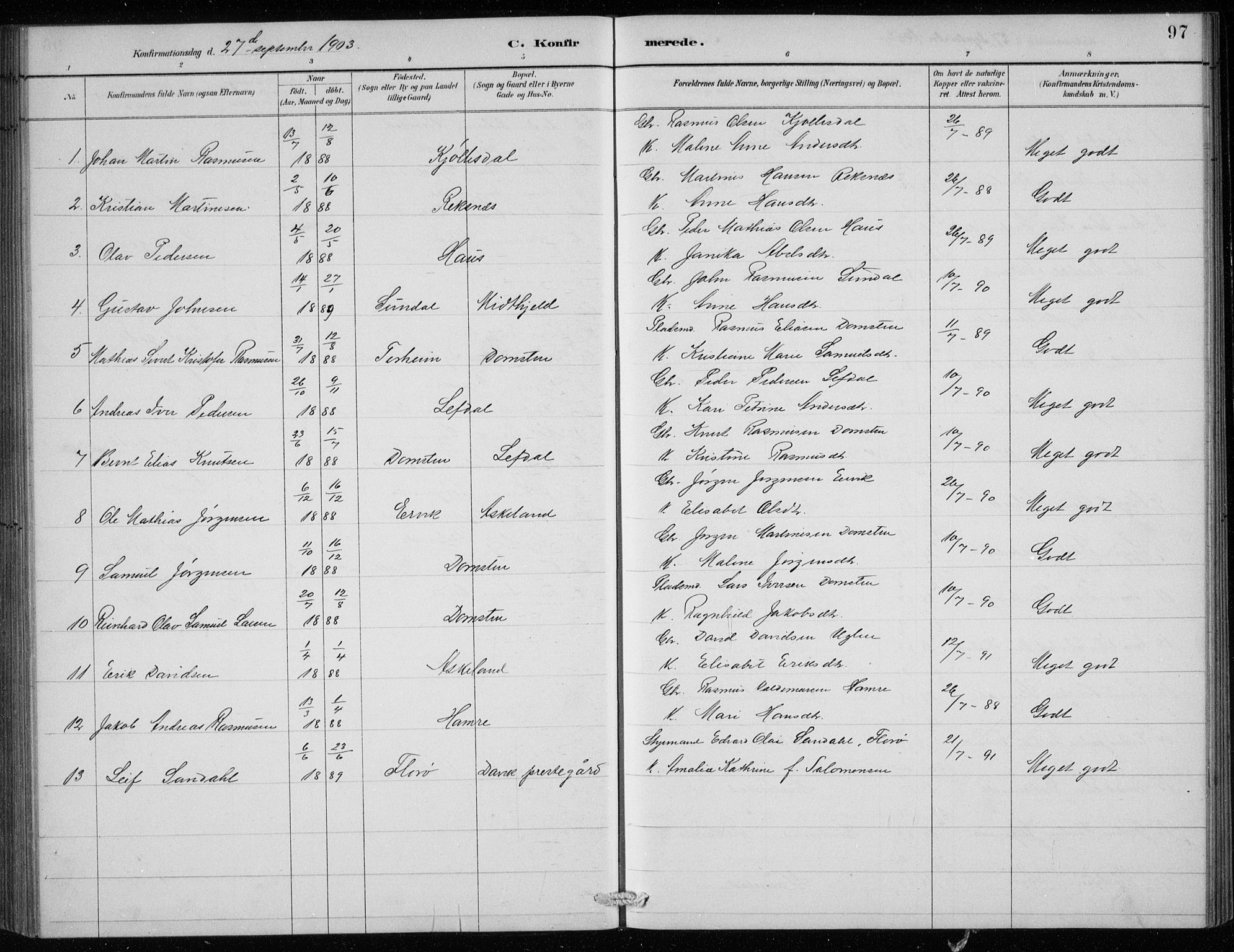 Davik sokneprestembete, AV/SAB-A-79701/H/Hab/Haba/L0002: Parish register (copy) no. A 2, 1890-1911, p. 97