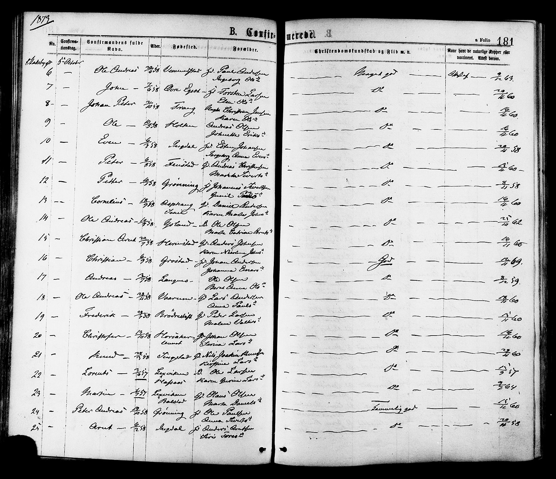 Ministerialprotokoller, klokkerbøker og fødselsregistre - Sør-Trøndelag, SAT/A-1456/646/L0613: Parish register (official) no. 646A11, 1870-1884, p. 181