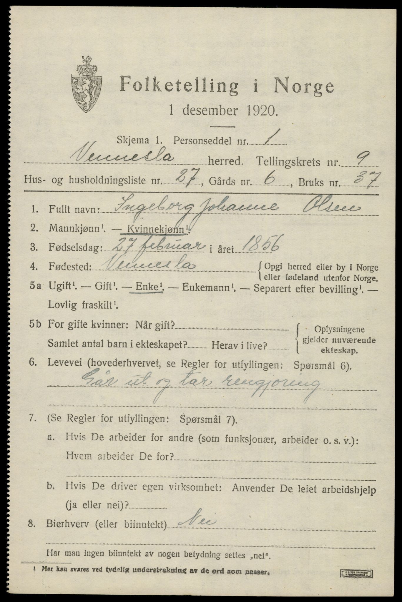 SAK, 1920 census for Vennesla, 1920, p. 6716