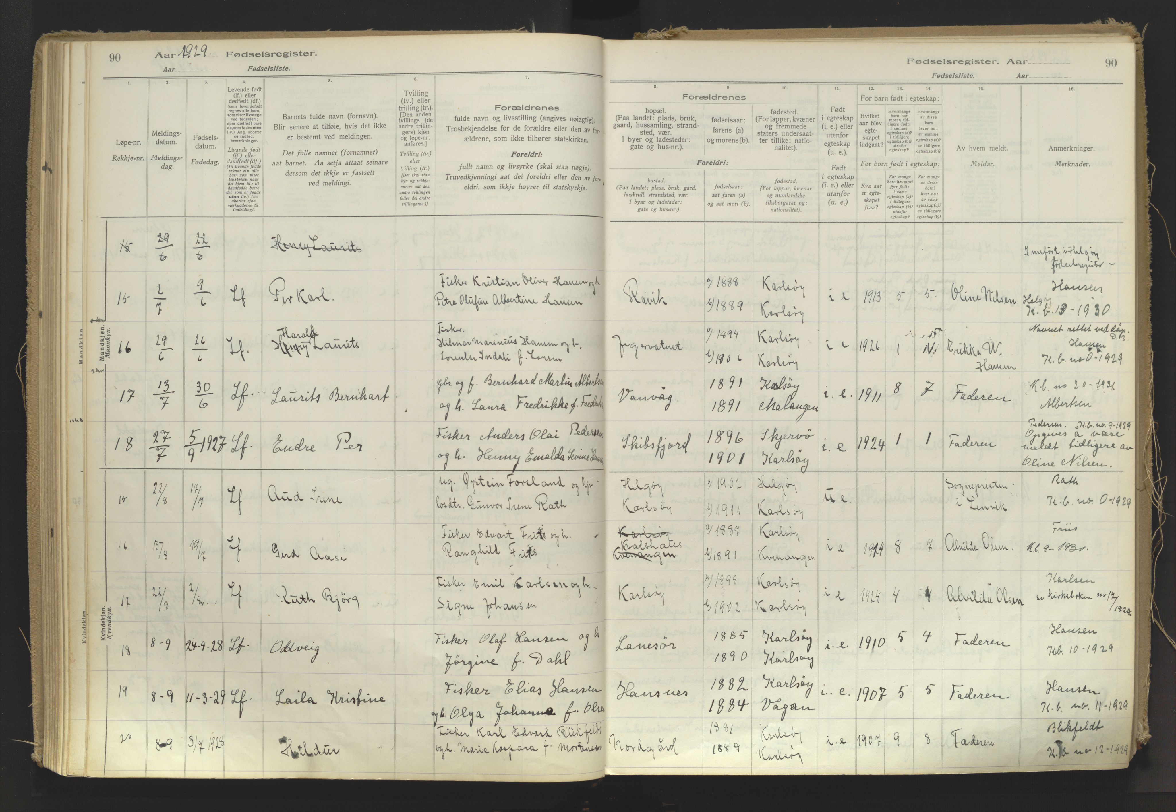 Karlsøy sokneprestembete, AV/SATØ-S-1299/I/Ic/L0064: Birth register no. 64, 1916-1943, p. 90