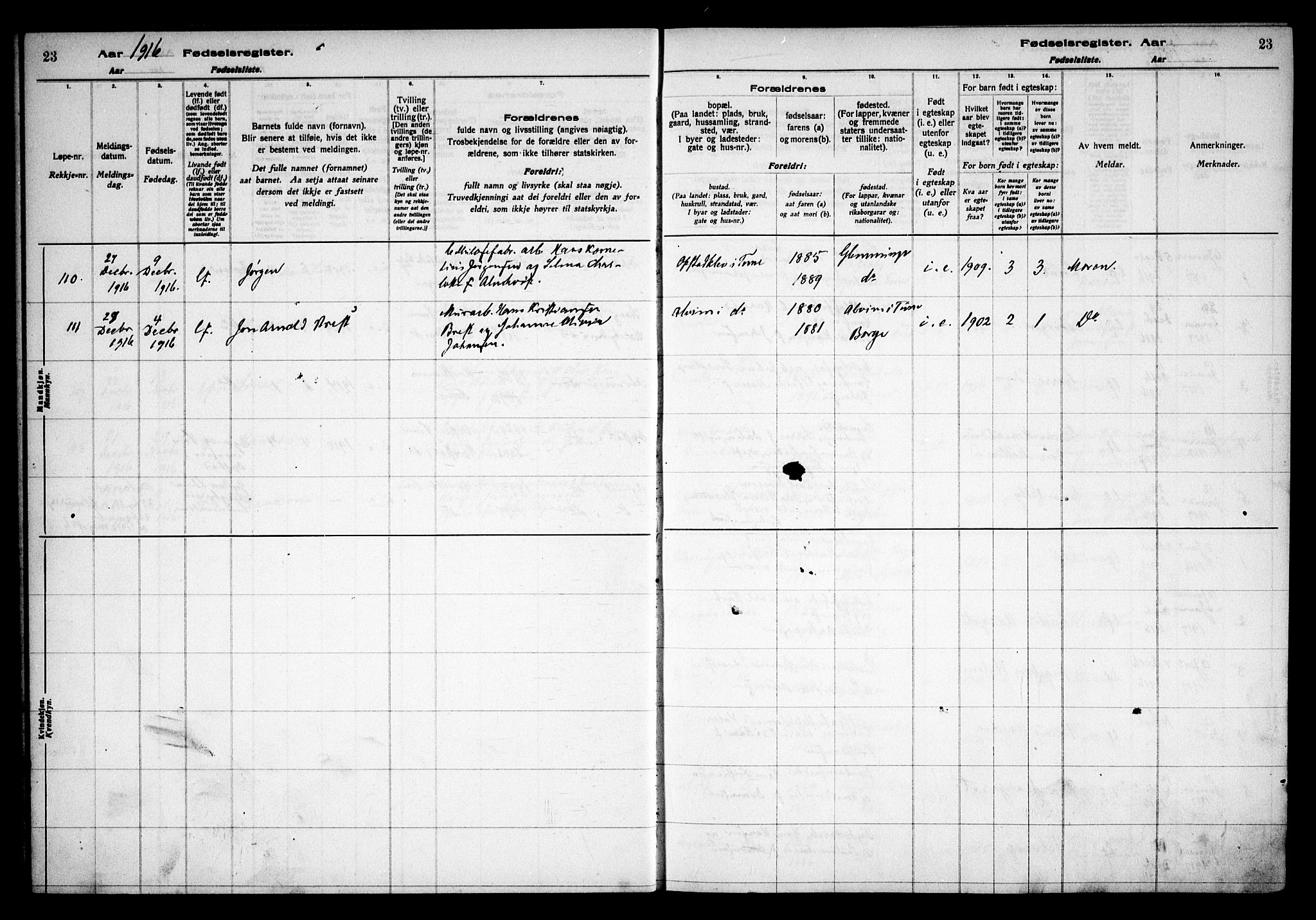 Tune prestekontor Kirkebøker, AV/SAO-A-2007/J/Ja/L0001: Birth register no. I 1, 1916-1928, p. 23