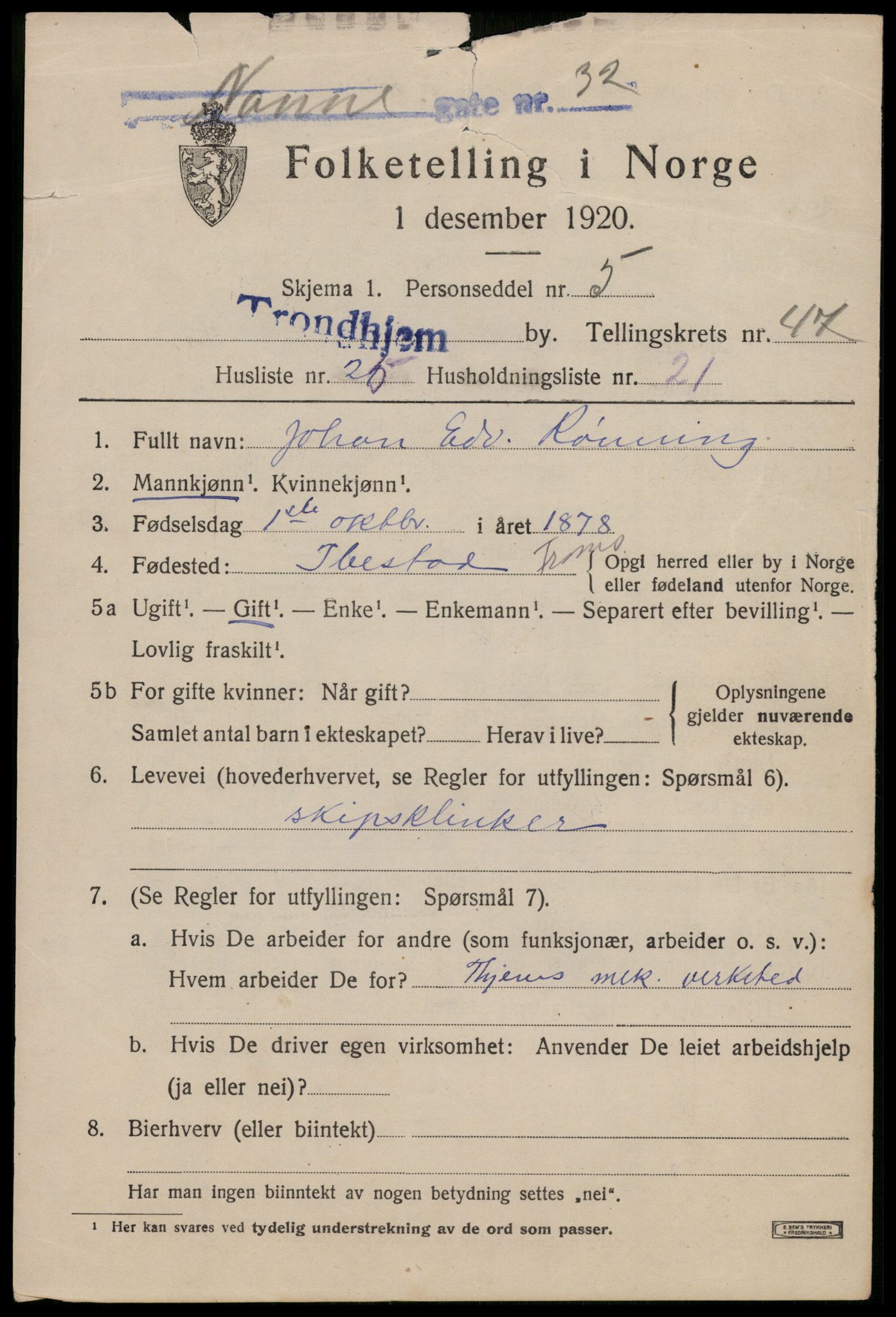 SAT, 1920 census for Trondheim, 1920, p. 100976