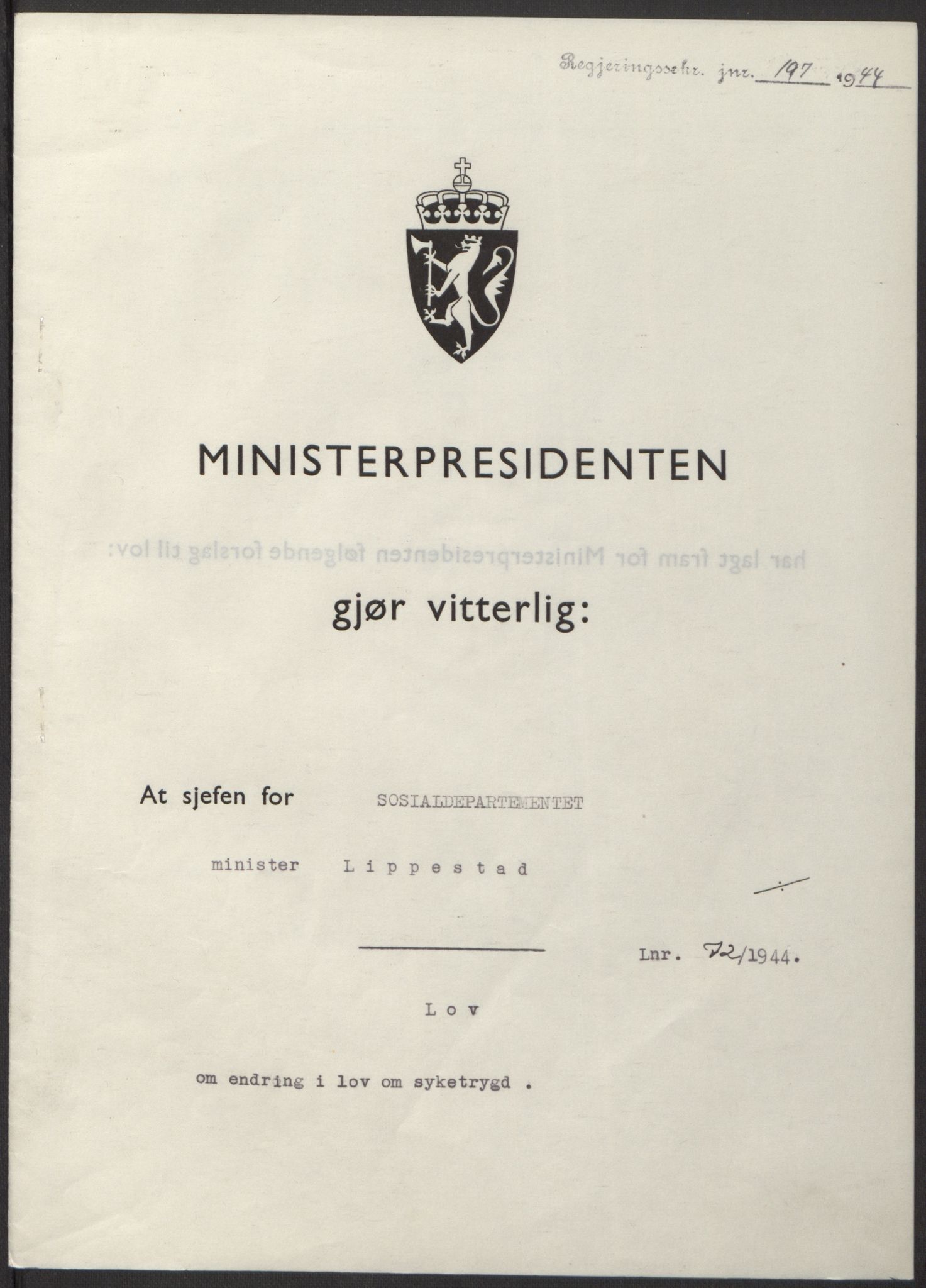 NS-administrasjonen 1940-1945 (Statsrådsekretariatet, de kommisariske statsråder mm), RA/S-4279/D/Db/L0100: Lover, 1944, p. 342