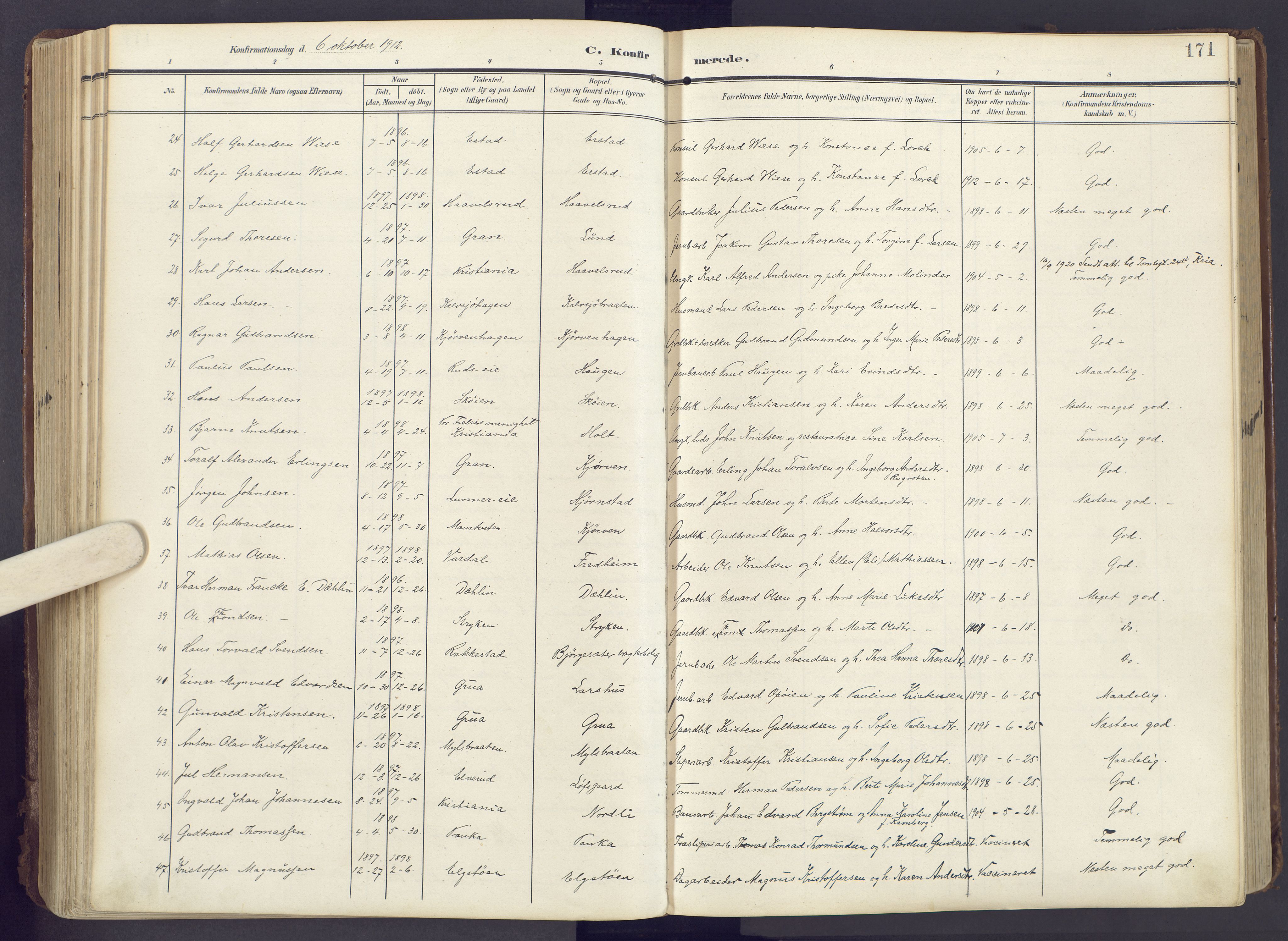 Lunner prestekontor, AV/SAH-PREST-118/H/Ha/Haa/L0001: Parish register (official) no. 1, 1907-1922, p. 171