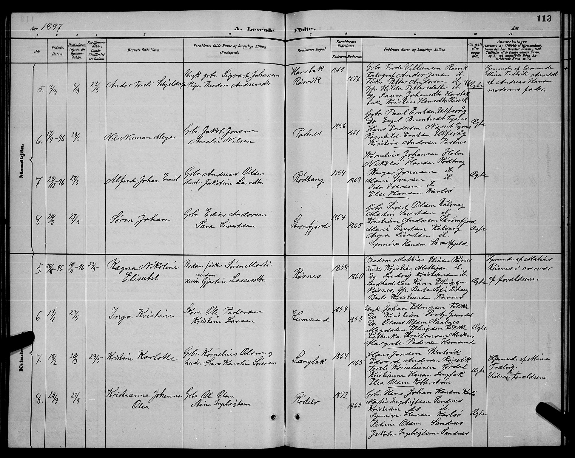 Ministerialprotokoller, klokkerbøker og fødselsregistre - Nordland, SAT/A-1459/859/L0859: Parish register (copy) no. 859C05, 1887-1898, p. 113