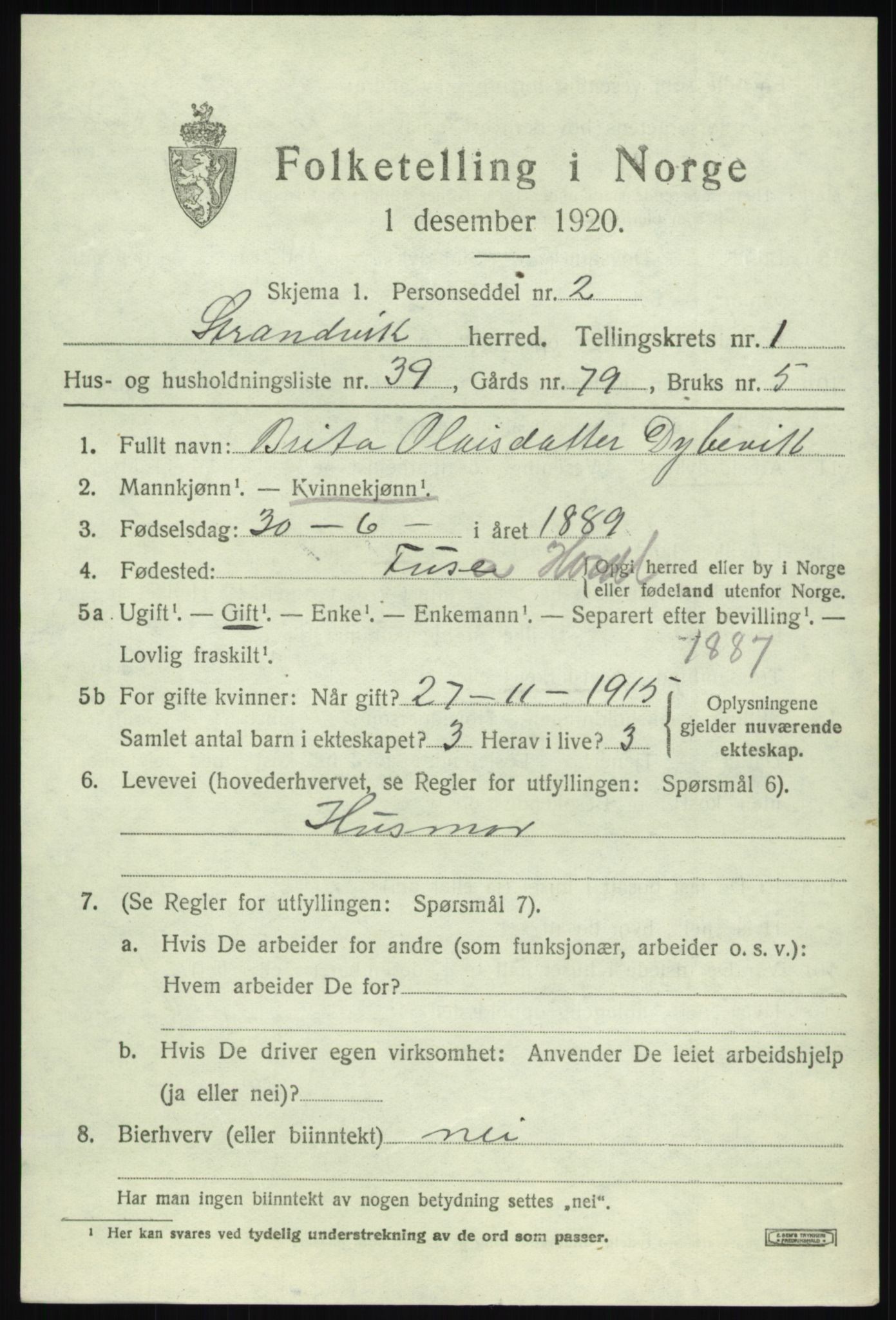 SAB, 1920 census for Strandvik, 1920, p. 1224