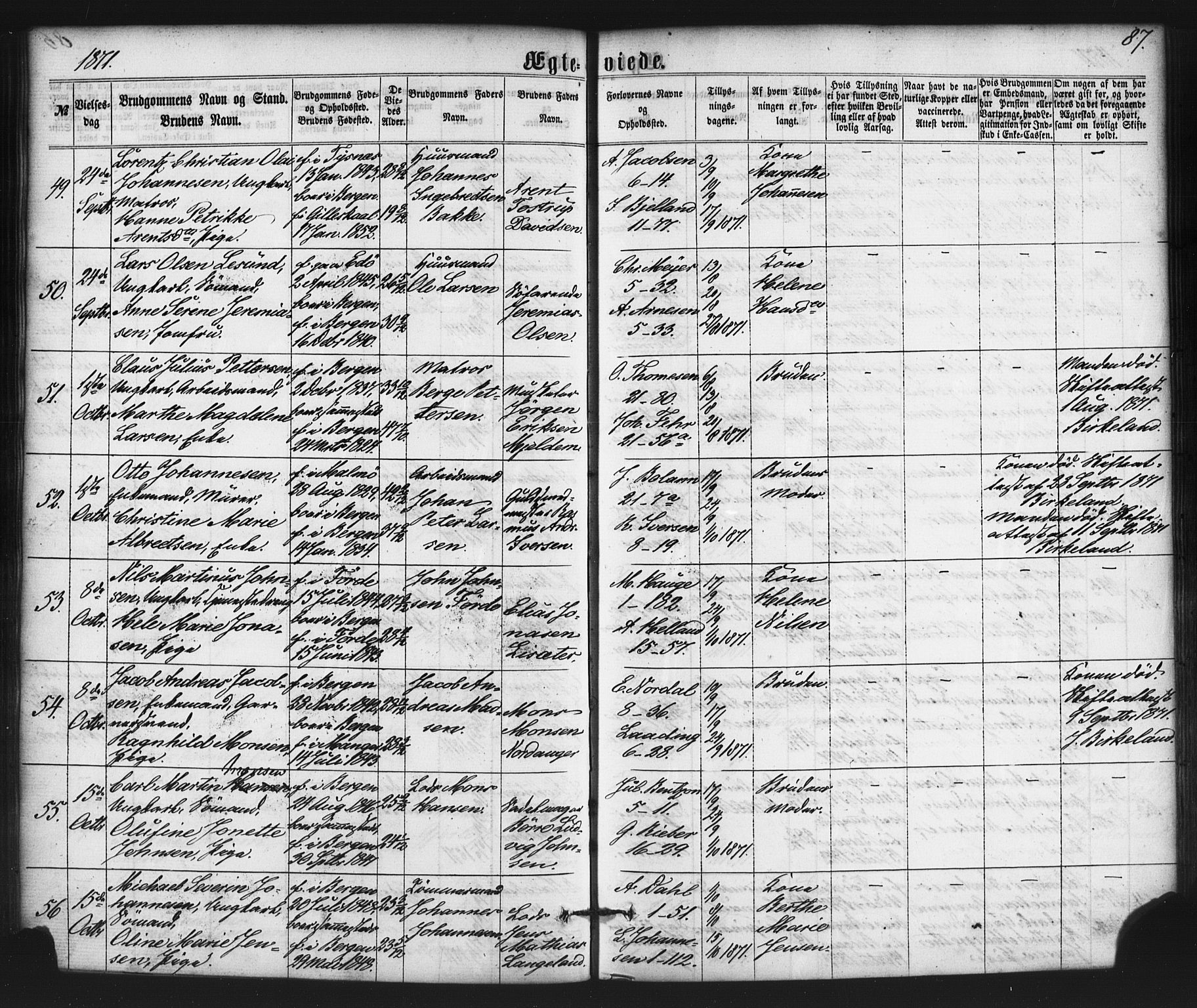 Nykirken Sokneprestembete, SAB/A-77101/H/Haa/L0032: Parish register (official) no. D 2, 1861-1883, p. 87