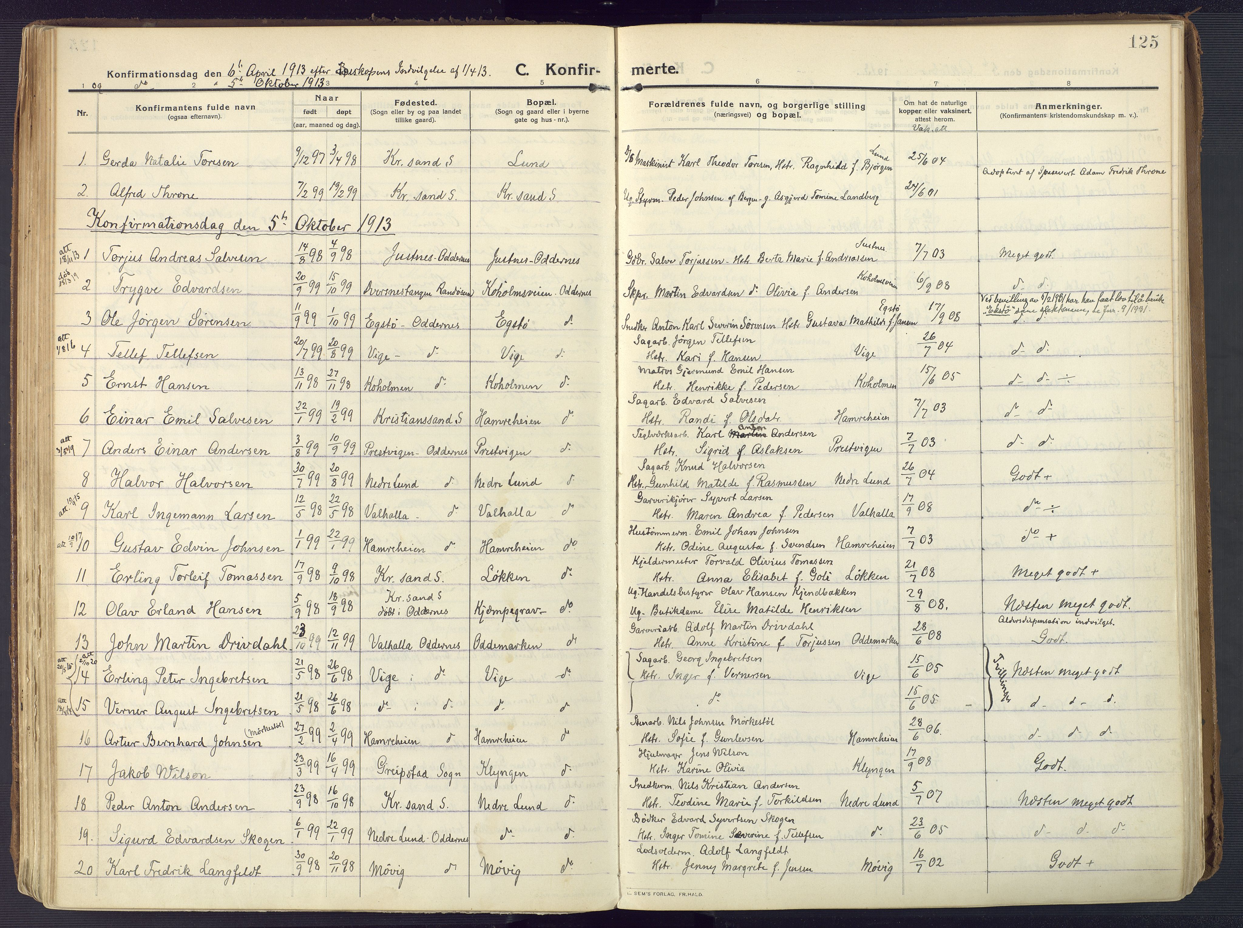 Oddernes sokneprestkontor, AV/SAK-1111-0033/F/Fa/Faa/L0012: Parish register (official) no. A 12, 1912-1925, p. 125