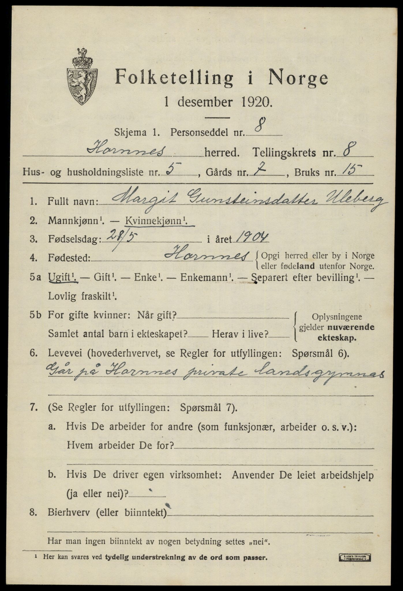 SAK, 1920 census for Hornnes, 1920, p. 1845