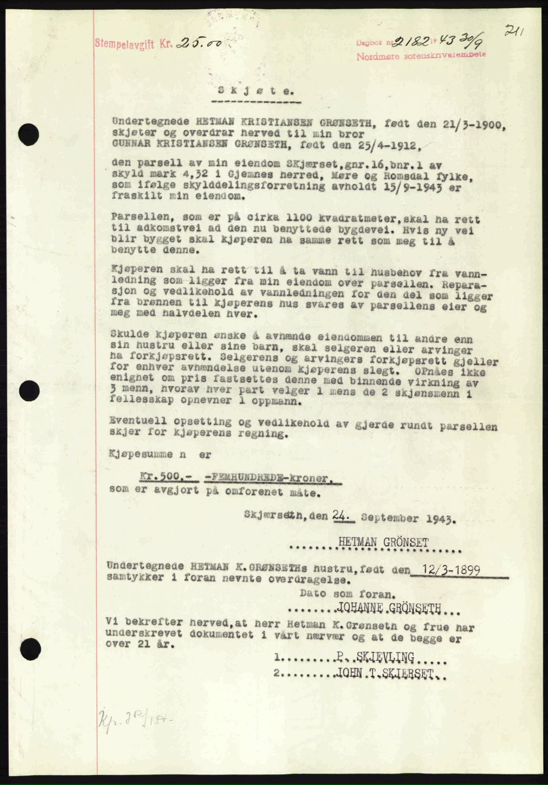 Nordmøre sorenskriveri, SAT/A-4132/1/2/2Ca: Mortgage book no. A96, 1943-1944, Diary no: : 2182/1943