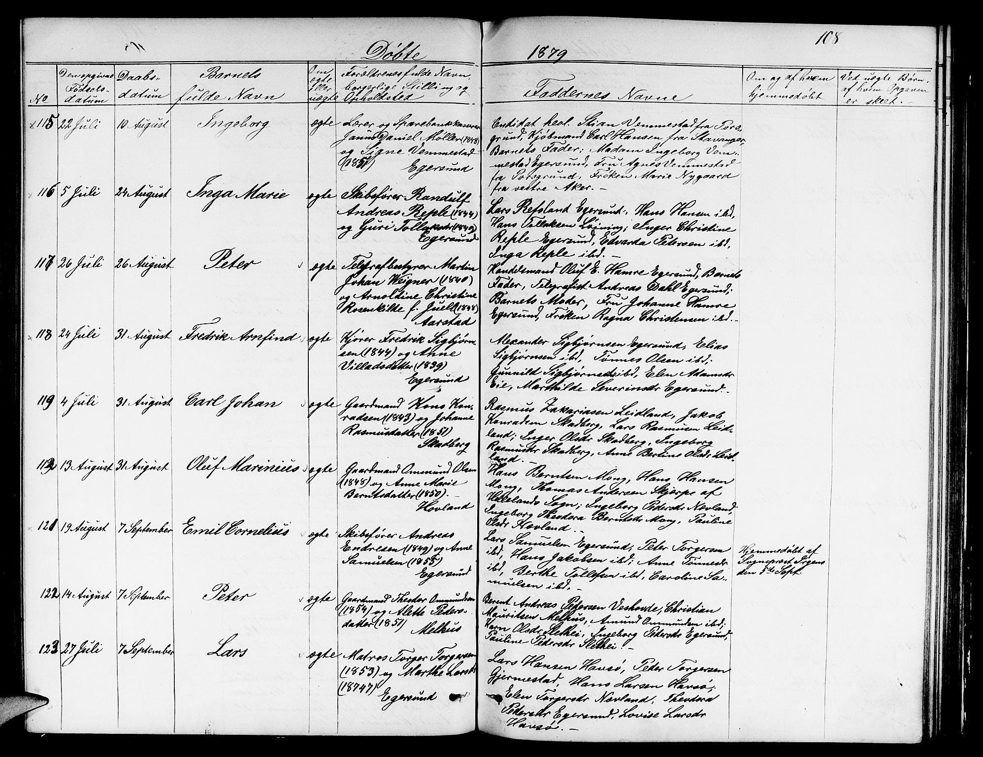 Eigersund sokneprestkontor, AV/SAST-A-101807/S09/L0005: Parish register (copy) no. B 5, 1872-1881, p. 108