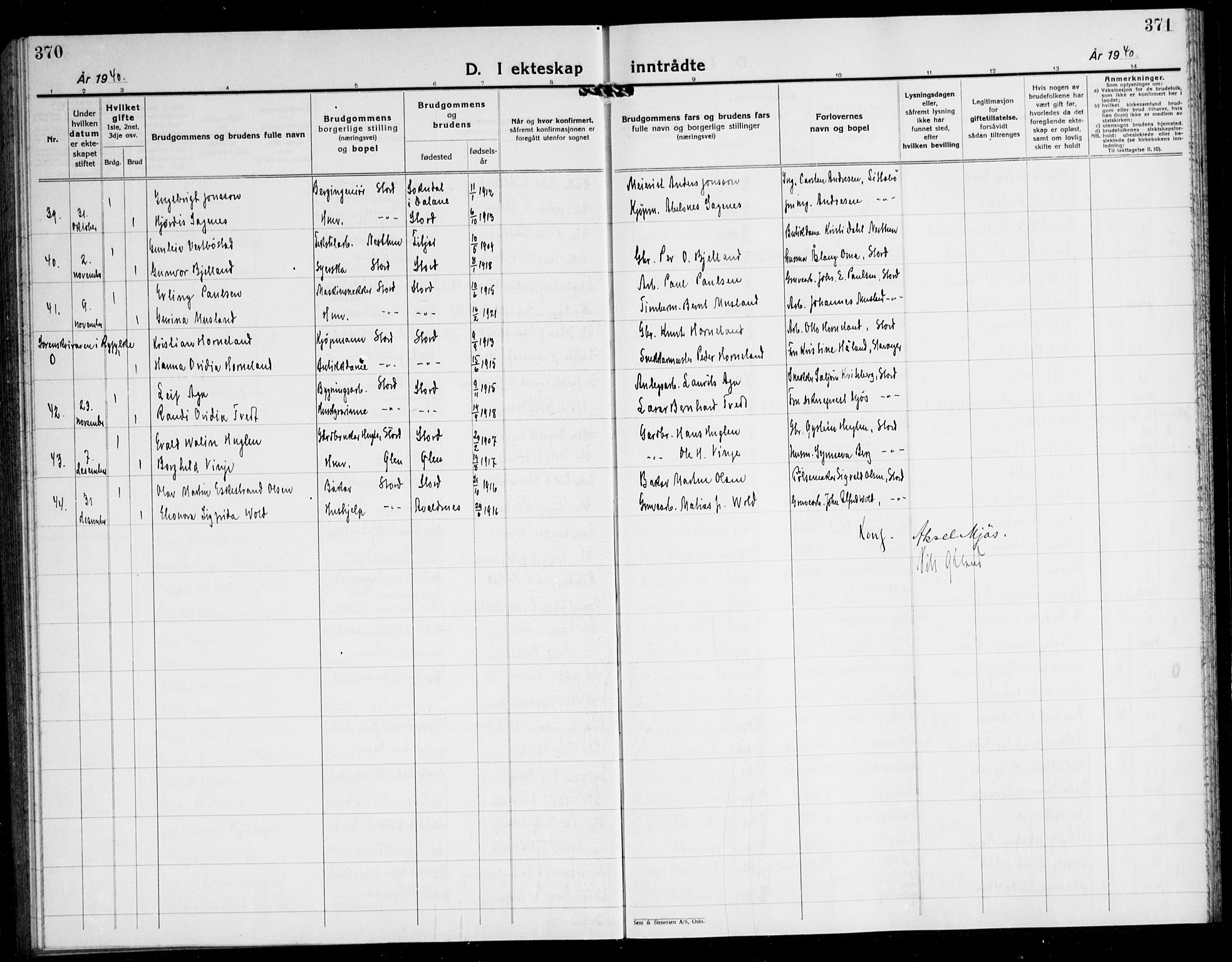Stord sokneprestembete, SAB/A-78201/H/Hab: Parish register (copy) no. A 5, 1933-1945, p. 370-371