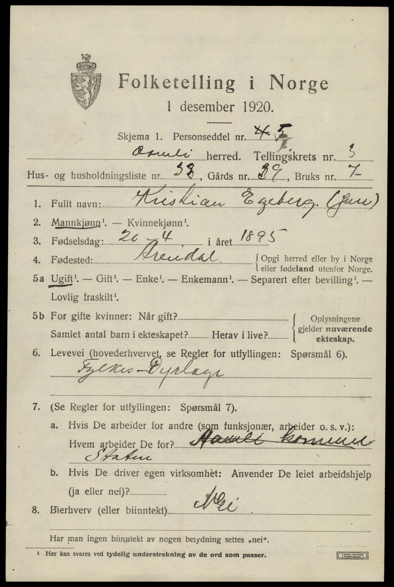 SAK, 1920 census for Åmli, 1920, p. 1591