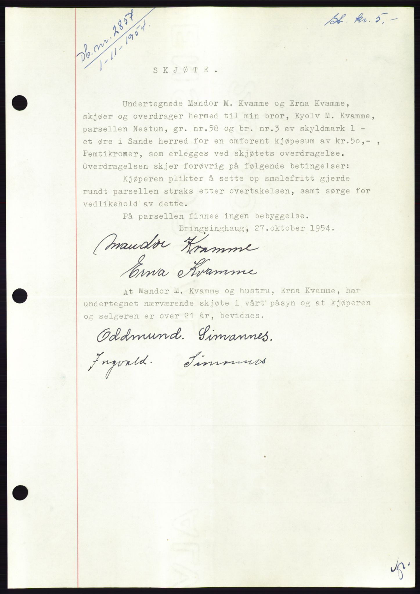 Søre Sunnmøre sorenskriveri, AV/SAT-A-4122/1/2/2C/L0099: Mortgage book no. 25A, 1954-1954, Diary no: : 2857/1954