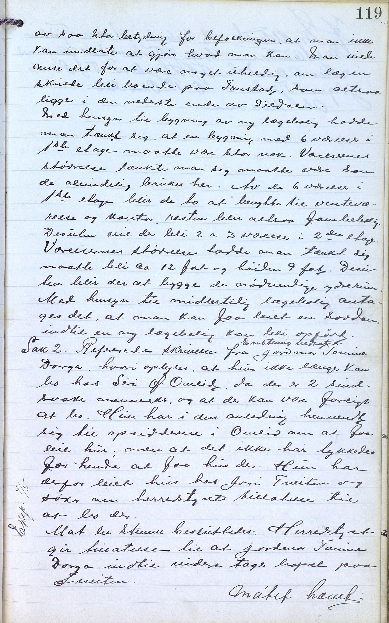 Øvre Sirdal kommune - Formannskapet/Kommunestyret, ARKSOR/1046ØS120/A/L0001: Møtebok (d), 1905-1917, p. 119