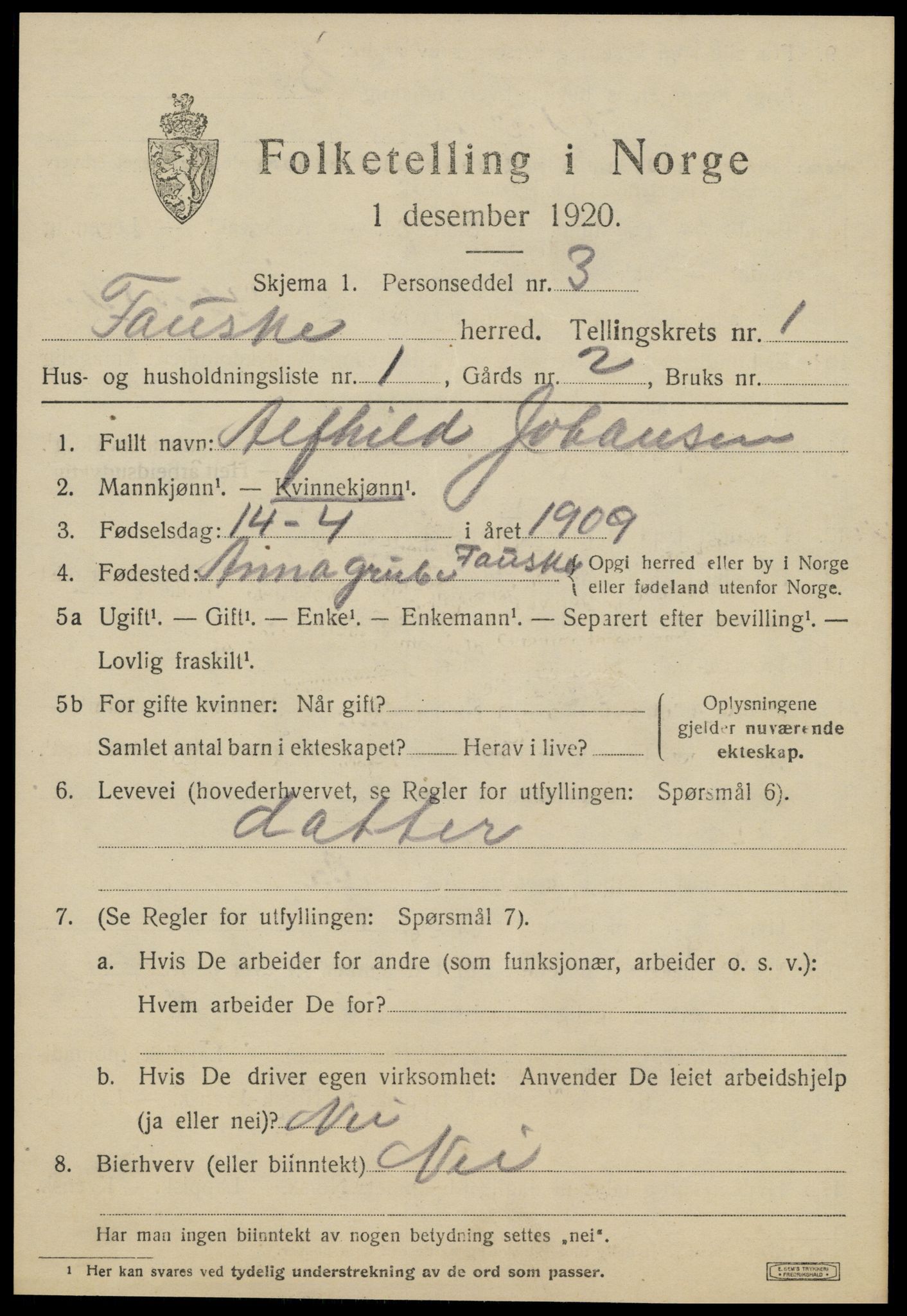 SAT, 1920 census for Fauske, 1920, p. 1994