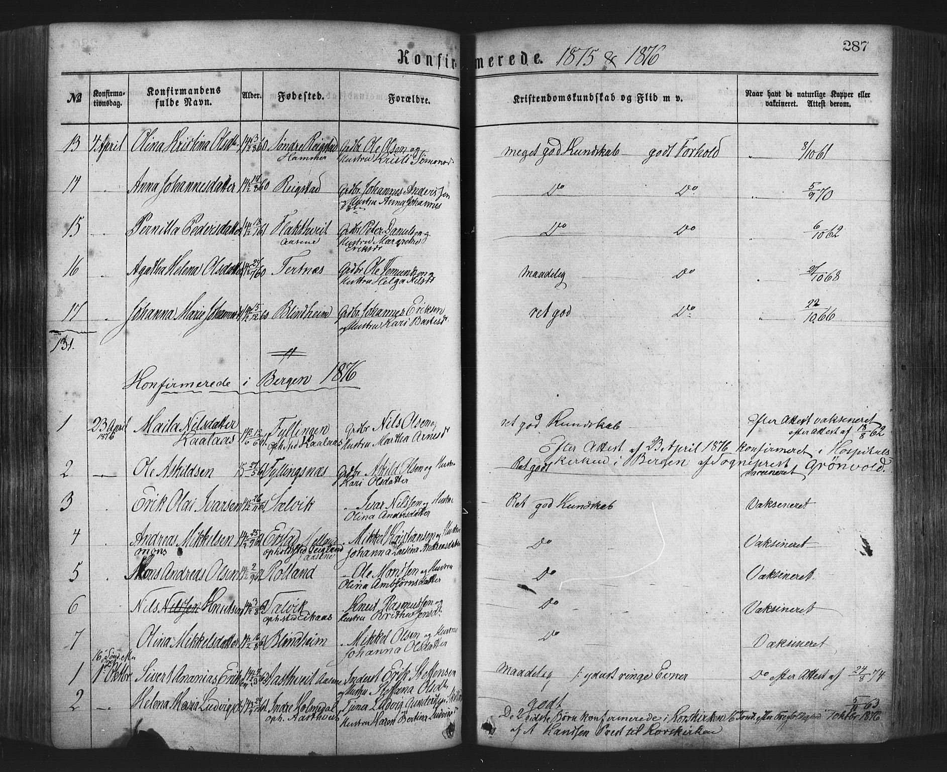 Hamre sokneprestembete, AV/SAB-A-75501/H/Ha/Haa/Haaa/L0015: Parish register (official) no. A 15, 1870-1881, p. 287