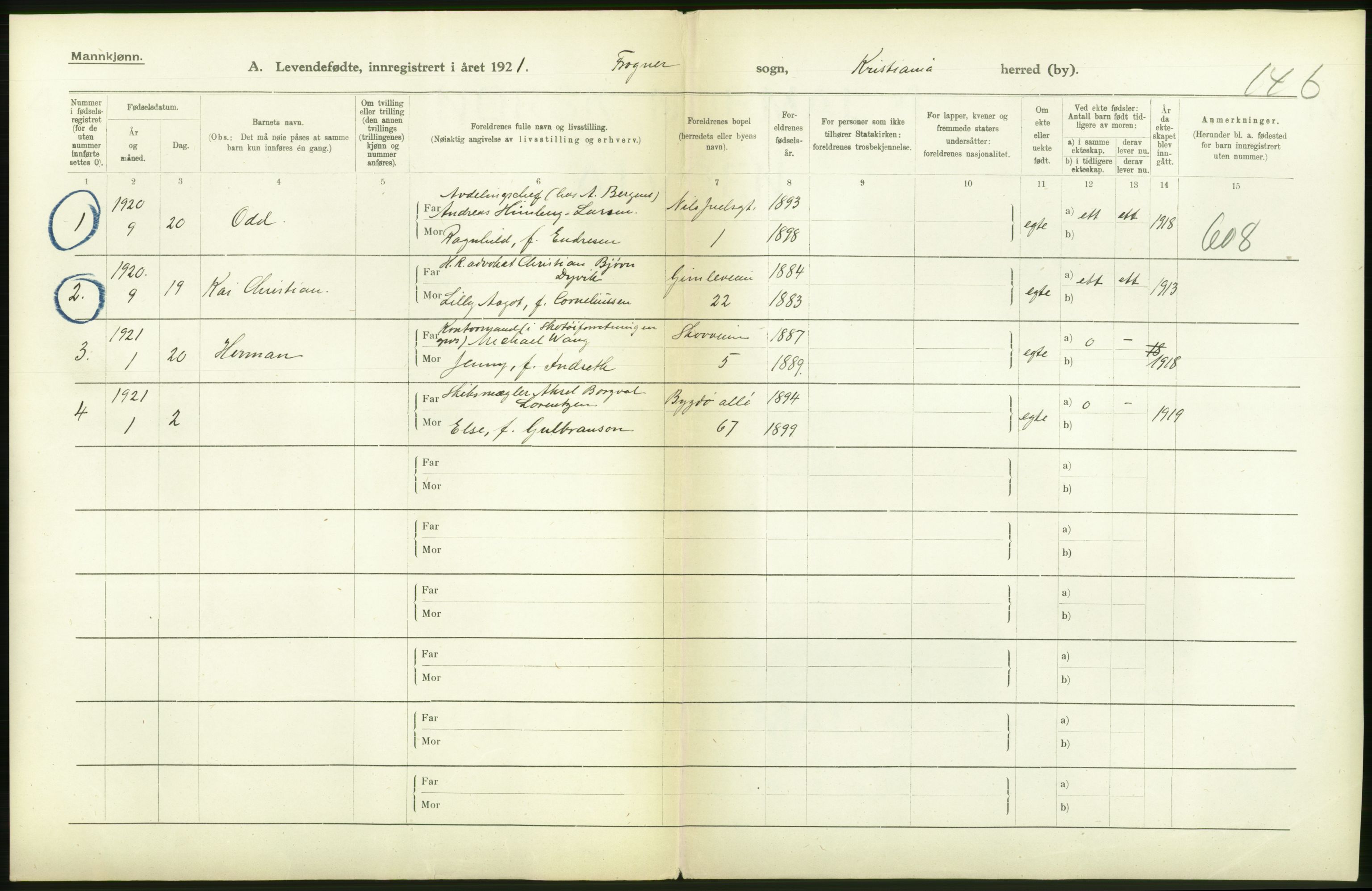 Statistisk sentralbyrå, Sosiodemografiske emner, Befolkning, RA/S-2228/D/Df/Dfc/Dfca/L0010: Kristiania: Levendefødte menn og kvinner., 1921, p. 52