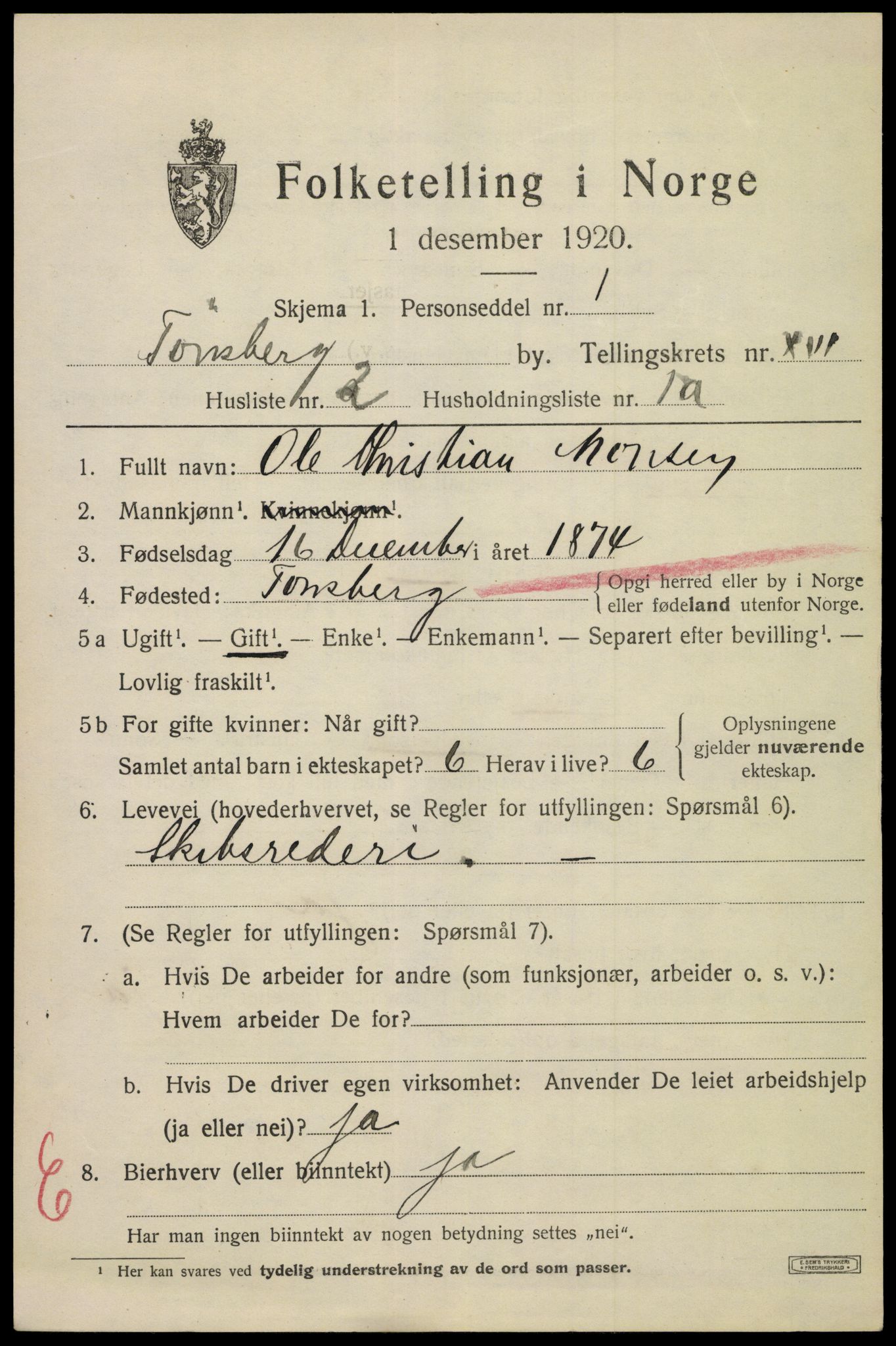 SAKO, 1920 census for Tønsberg, 1920, p. 24529