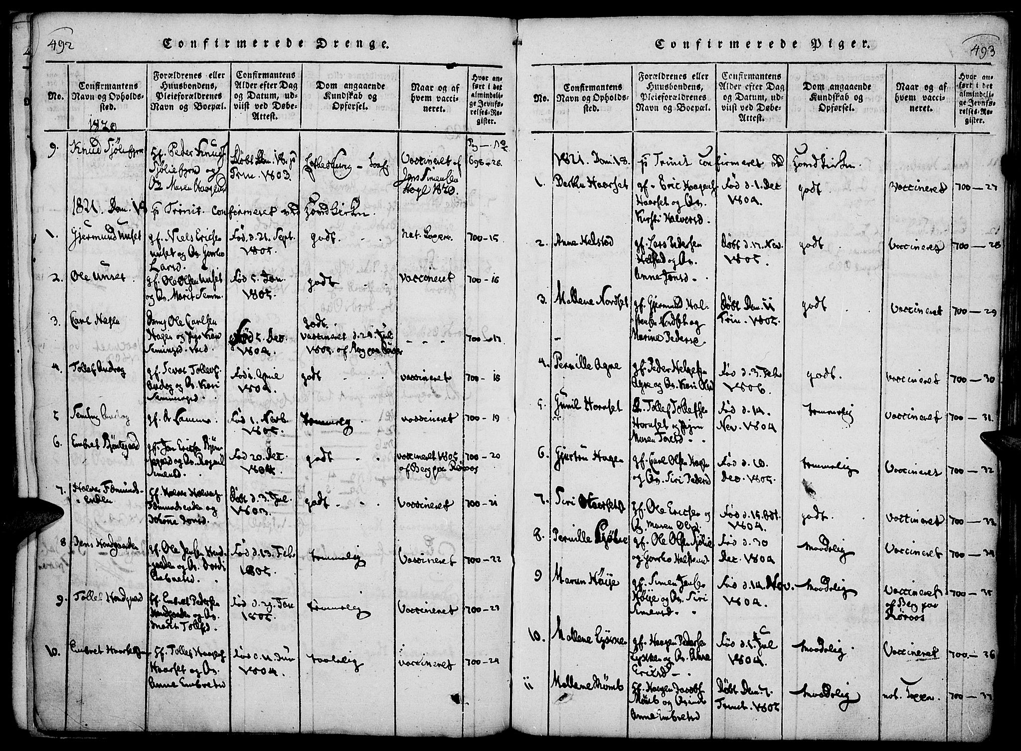 Rendalen prestekontor, SAH/PREST-054/H/Ha/Haa/L0003: Parish register (official) no. 3, 1815-1829, p. 492-493