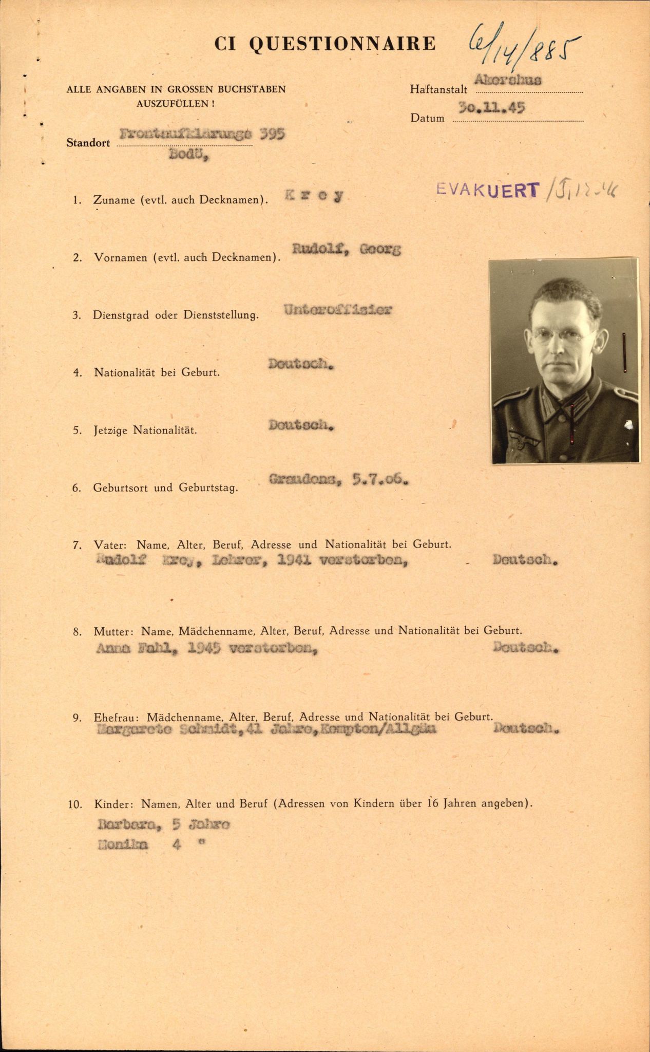 Forsvaret, Forsvarets overkommando II, AV/RA-RAFA-3915/D/Db/L0018: CI Questionaires. Tyske okkupasjonsstyrker i Norge. Tyskere., 1945-1946, p. 169