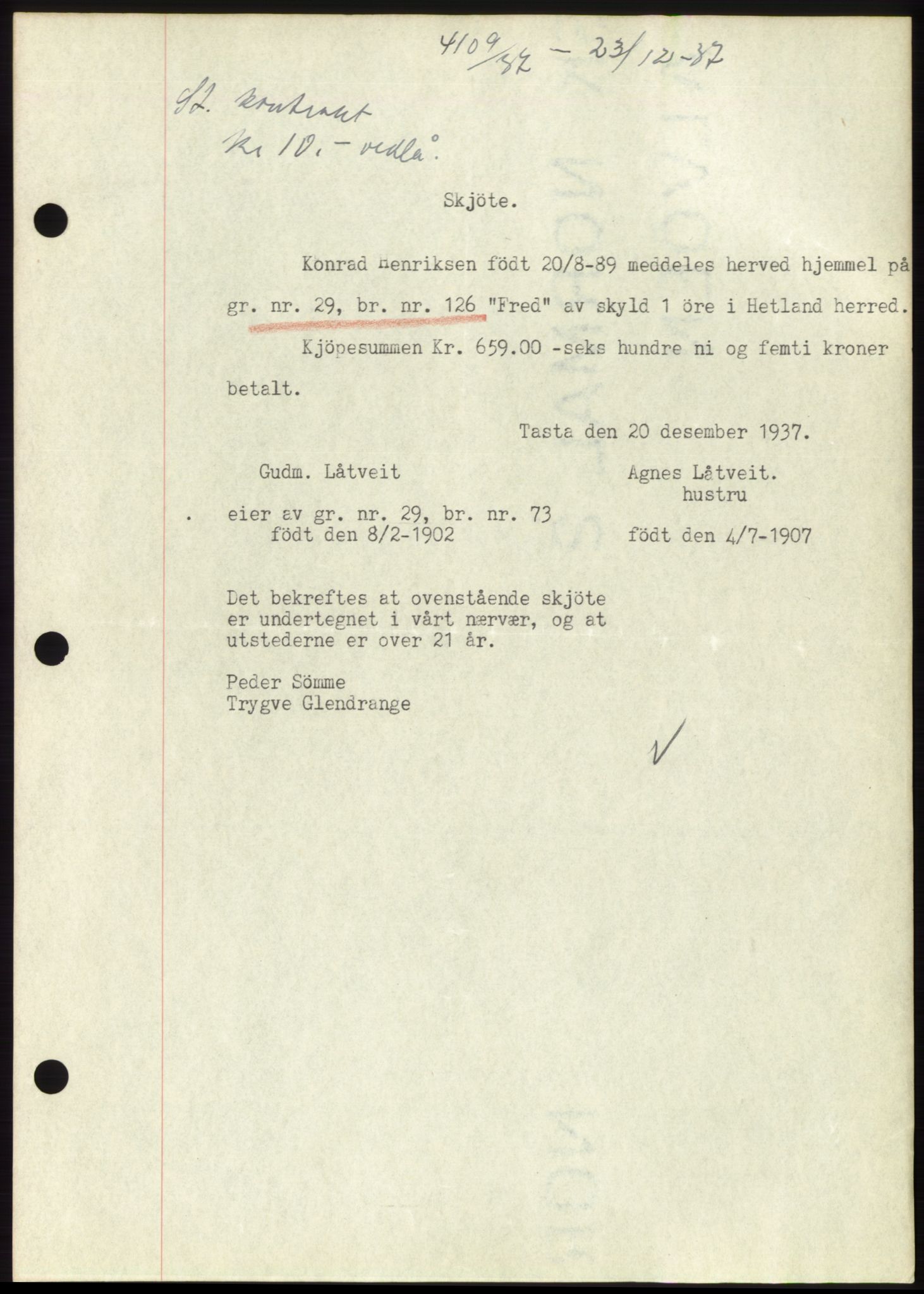 Jæren sorenskriveri, SAST/A-100310/03/G/Gba/L0069: Mortgage book, 1937-1937, Diary no: : 4109/1937