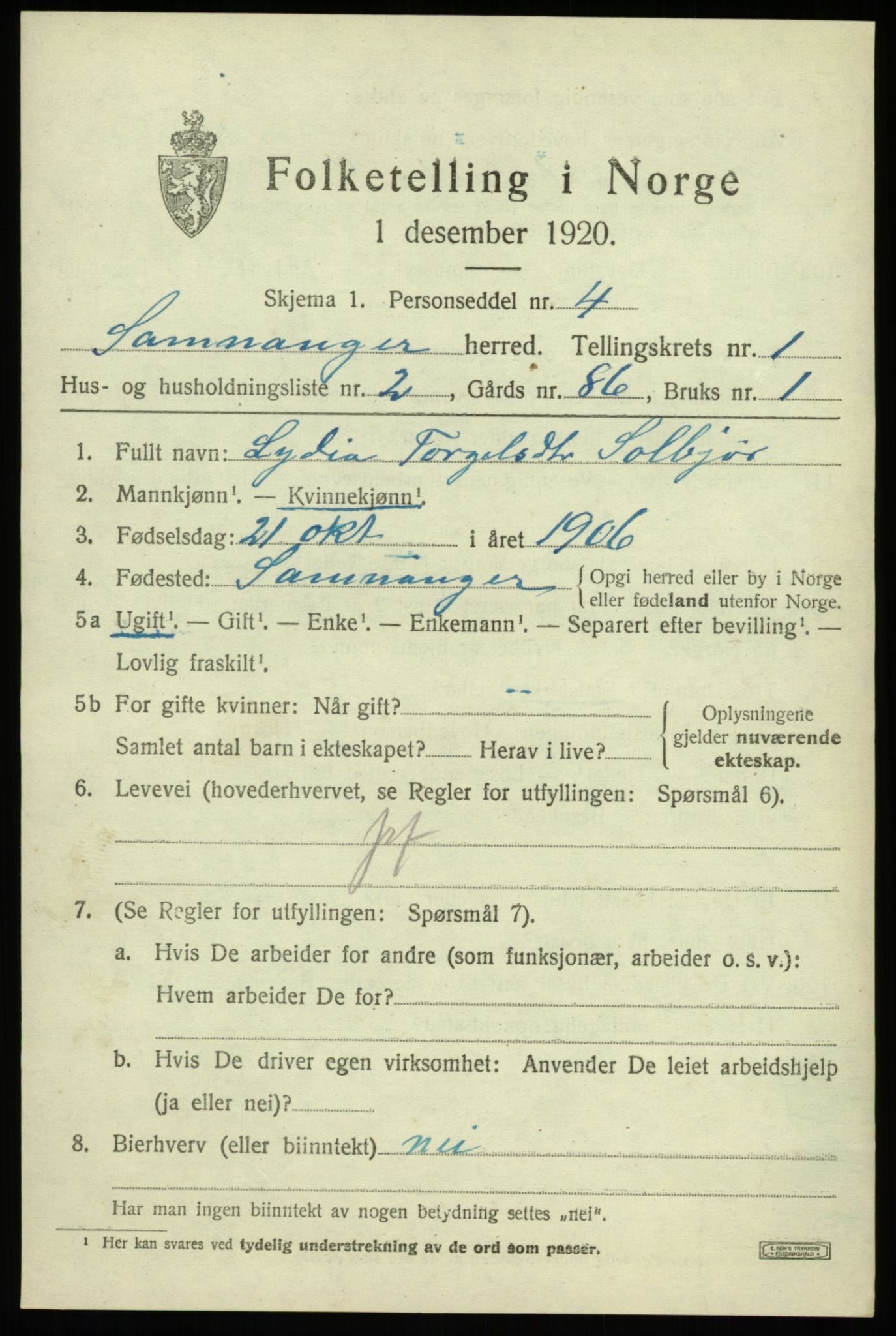 SAB, 1920 census for Samnanger, 1920, p. 865