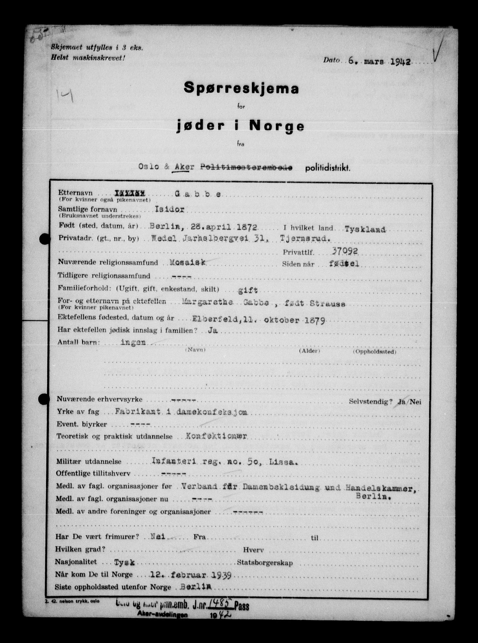 Statspolitiet - Hovedkontoret / Osloavdelingen, AV/RA-S-1329/G/Ga/L0011: Spørreskjema for jøder i Norge. 1: Oslo 610-806 (Plavnik-Zwillinger). 2: Aker 1-113 (Adler-Lewin). , 1942, p. 750